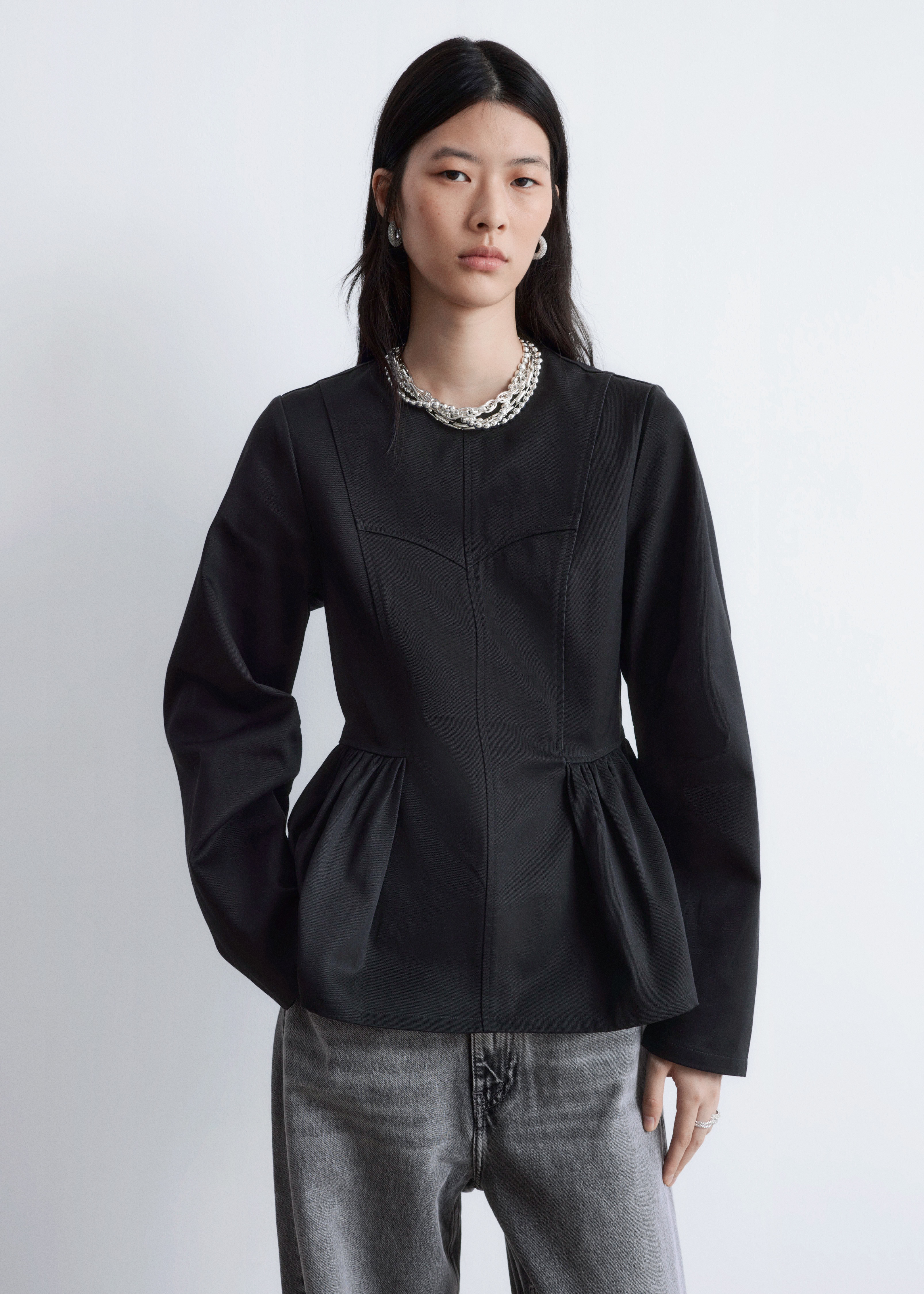 Cotton Peplum Top - Black/Cream