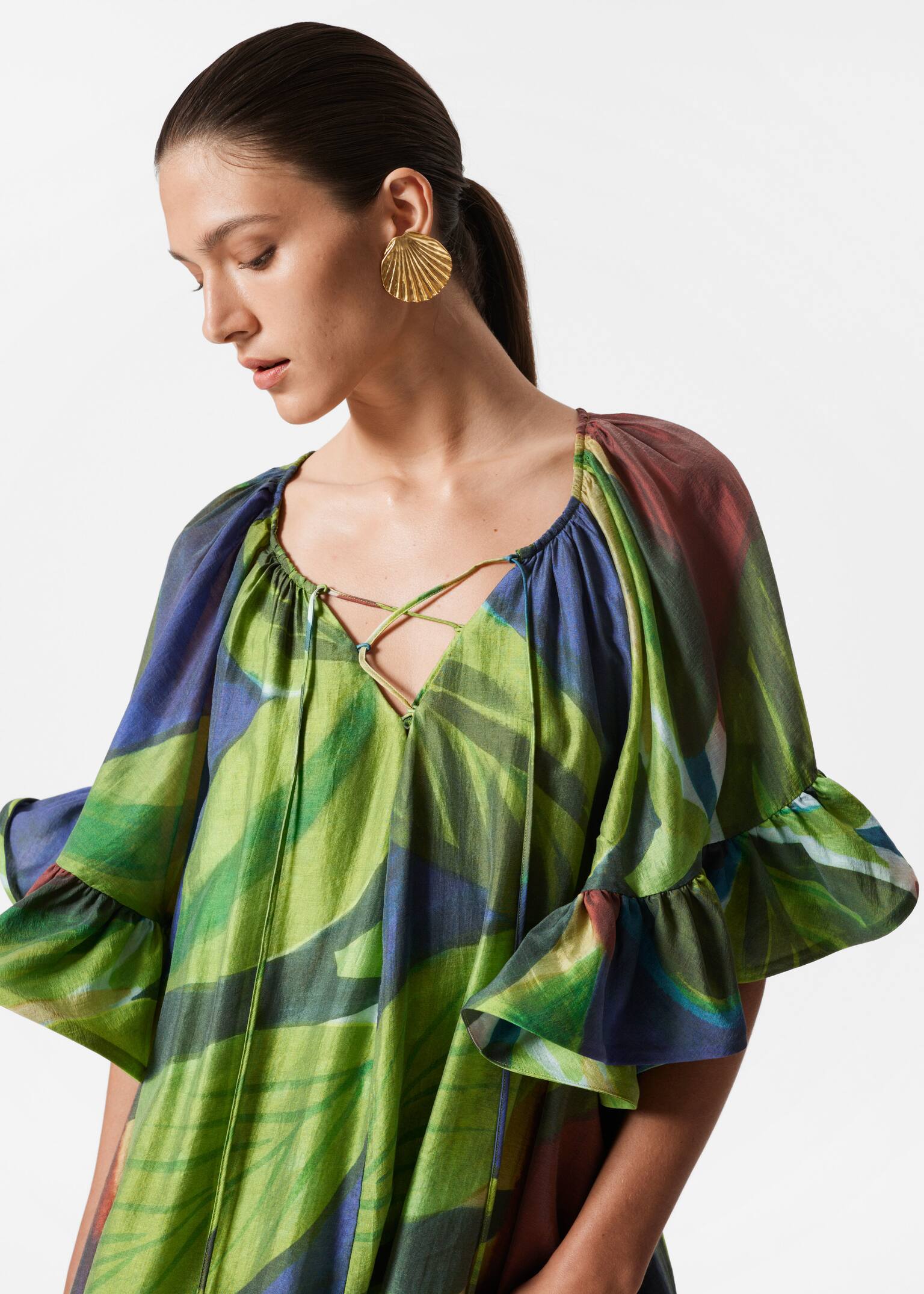 Robe courte à volants - Imprimé vert/Rouge foncé/Motif floral rose/rouge - 3