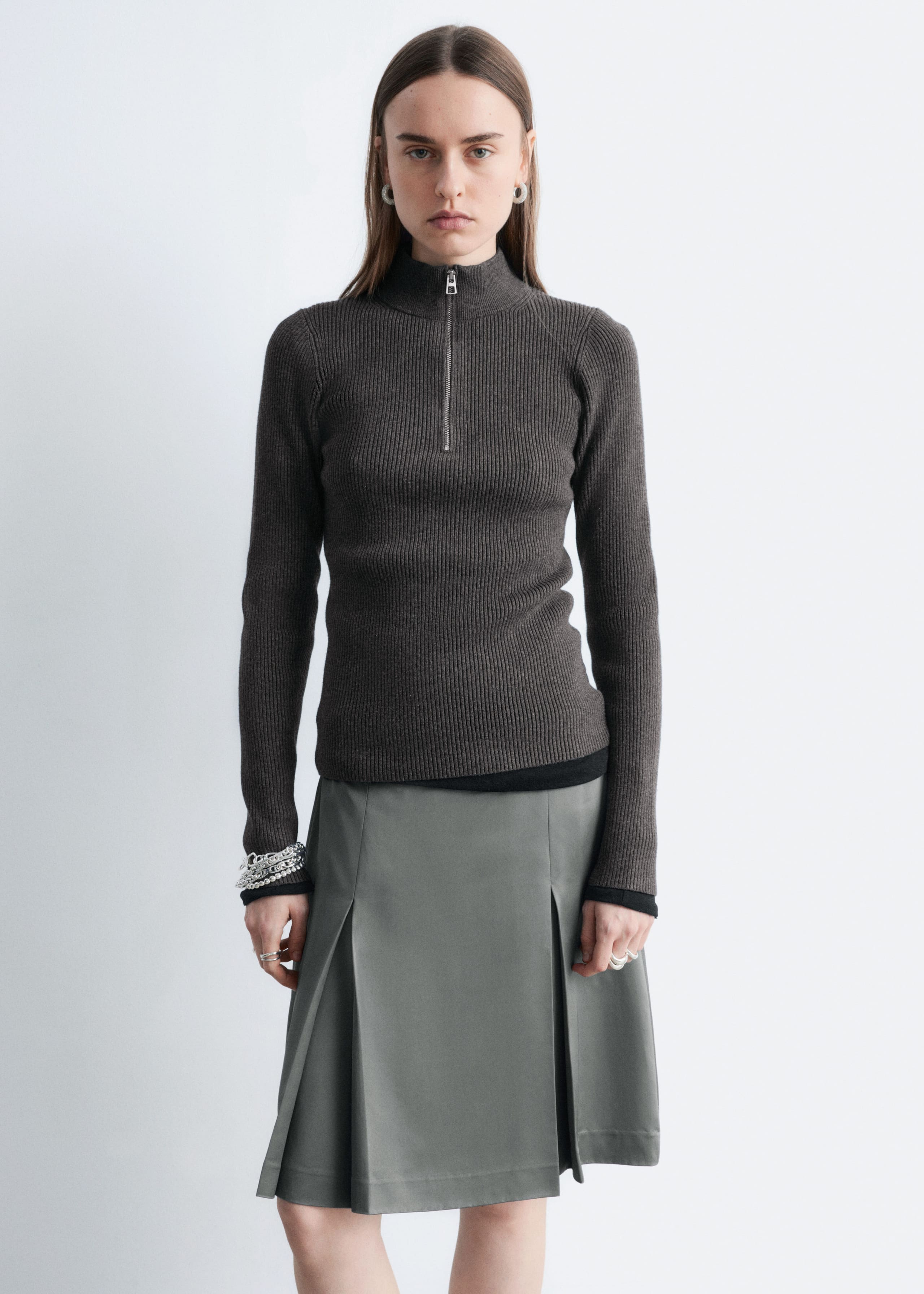 Image of Pleated Knee-Length Satin Skirt