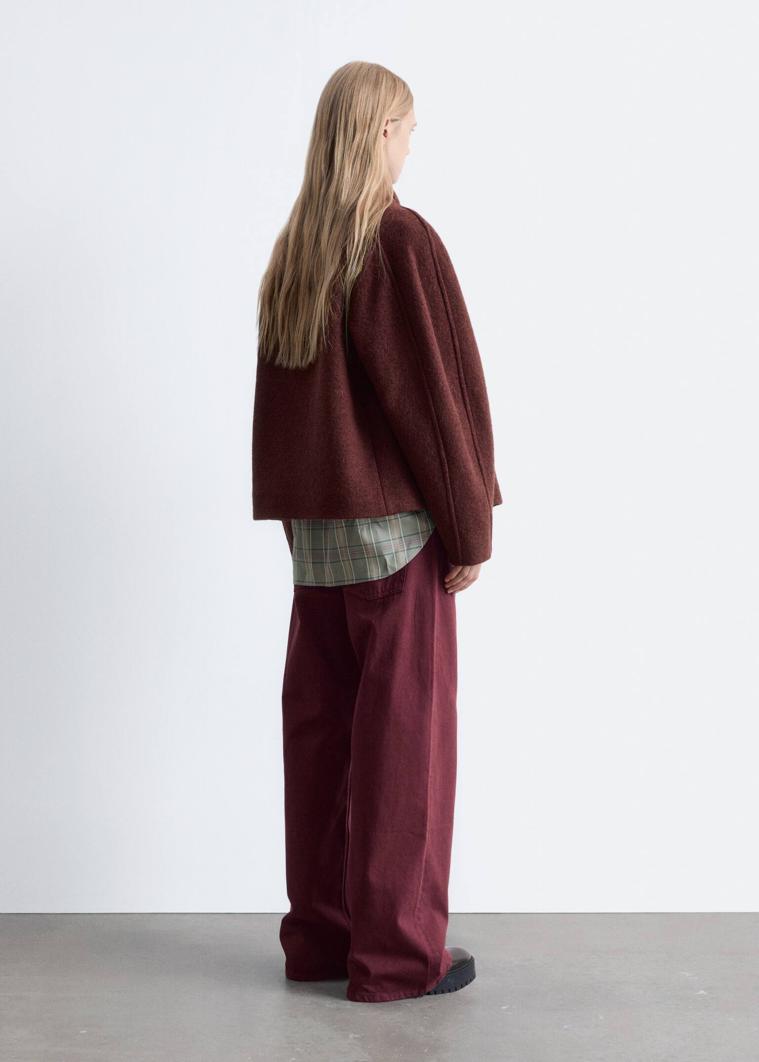 Asymmetric Wool Jacket - Tmavě červená/Mole/Černá - 5