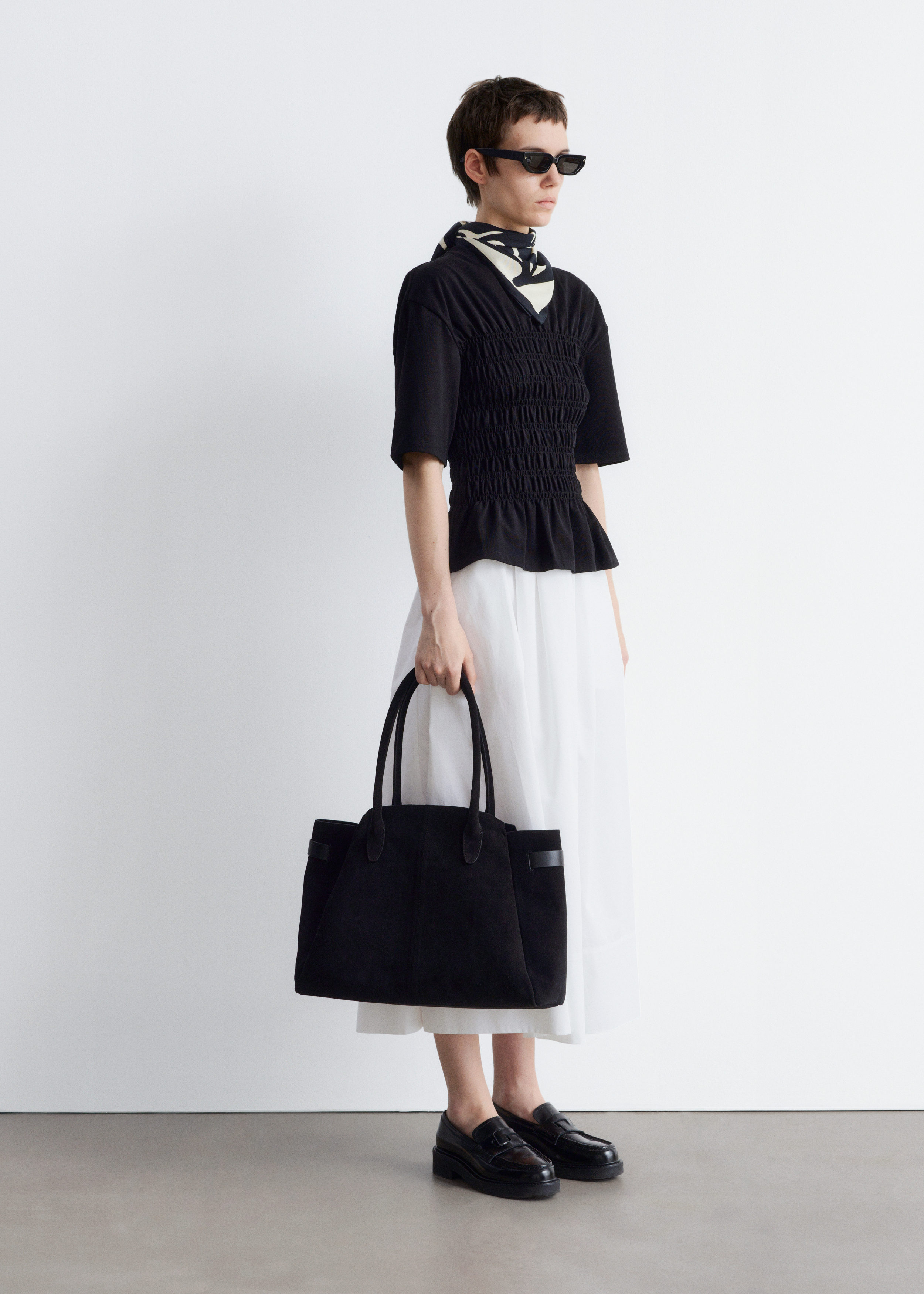 Smocked Crewneck Top - Black - Lookbook