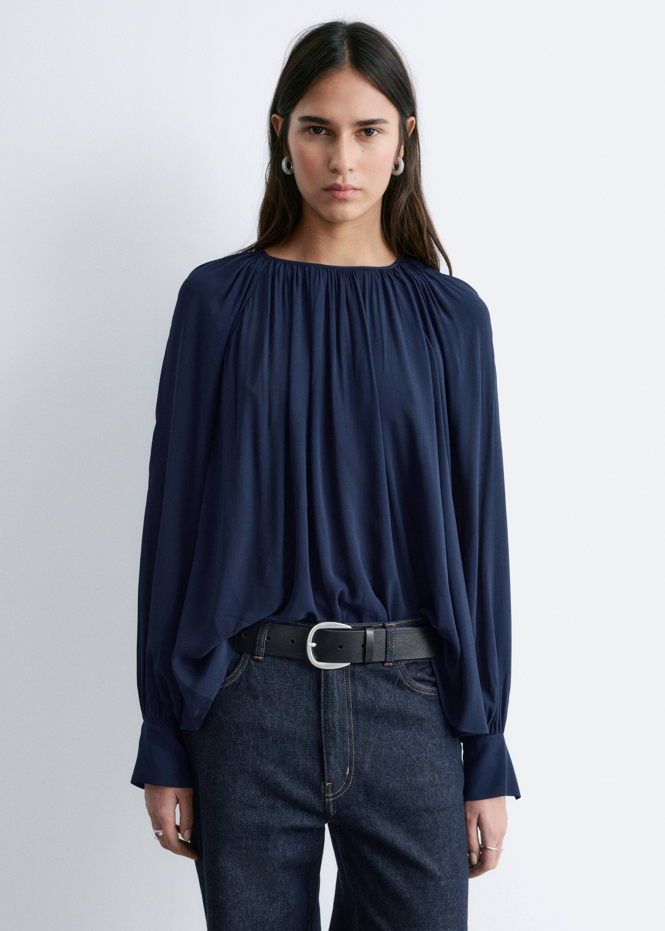 הצגת תמונה גדולה יותר: Balloon-Sleeve Blouse - כחול כהה - Ladies | H&M IL 1