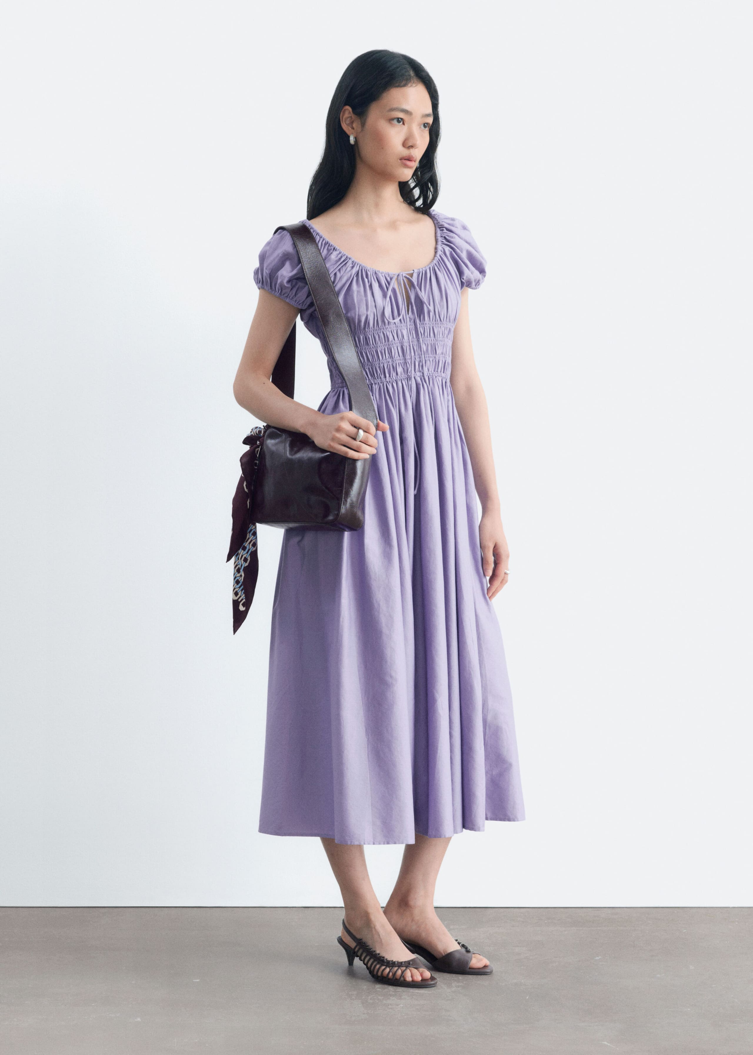 Cotton Smocked Midi Dress - Brown - Lookbook