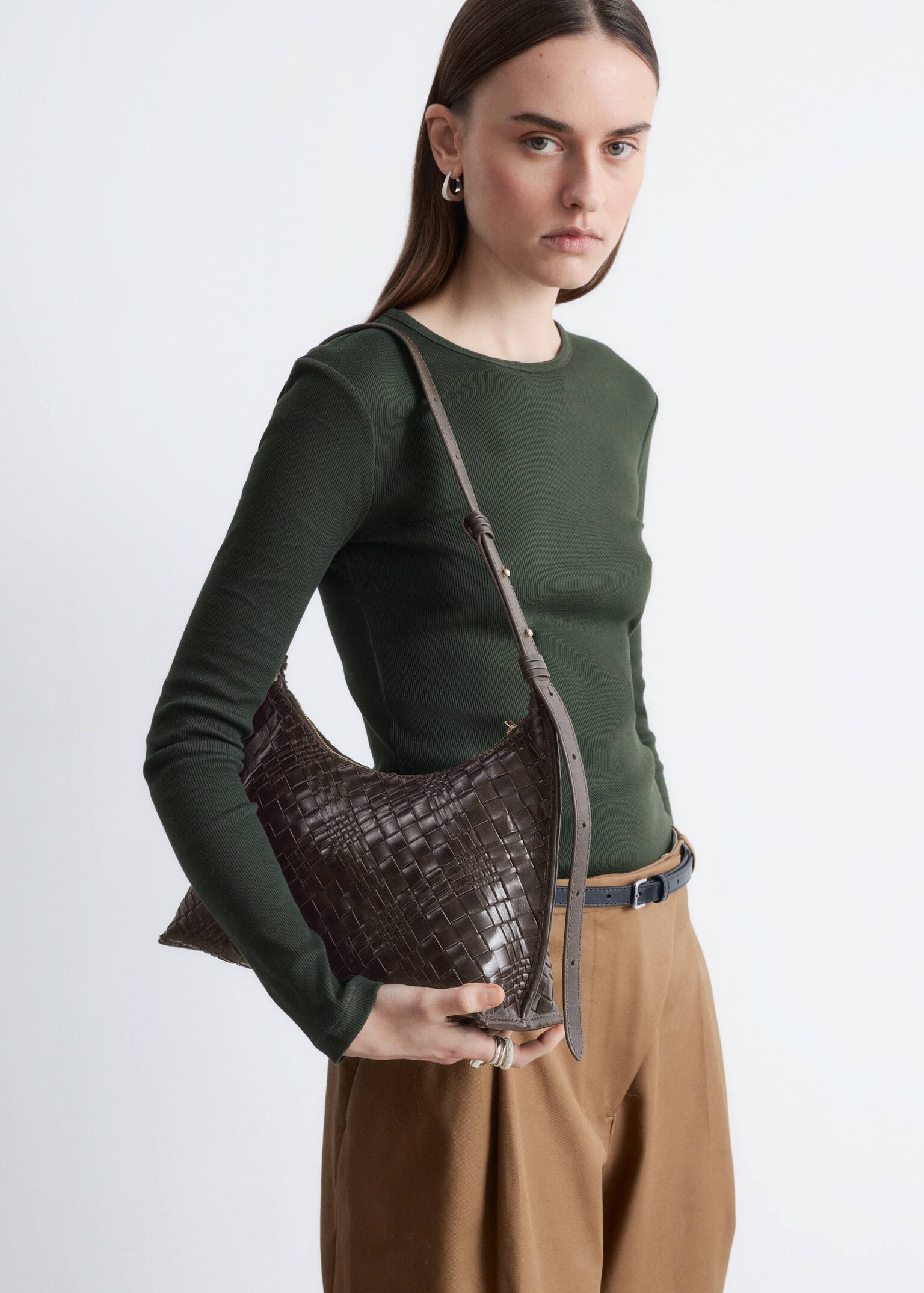 Geweven leren crossbodytas - Donkerbruin/Zwart - 3