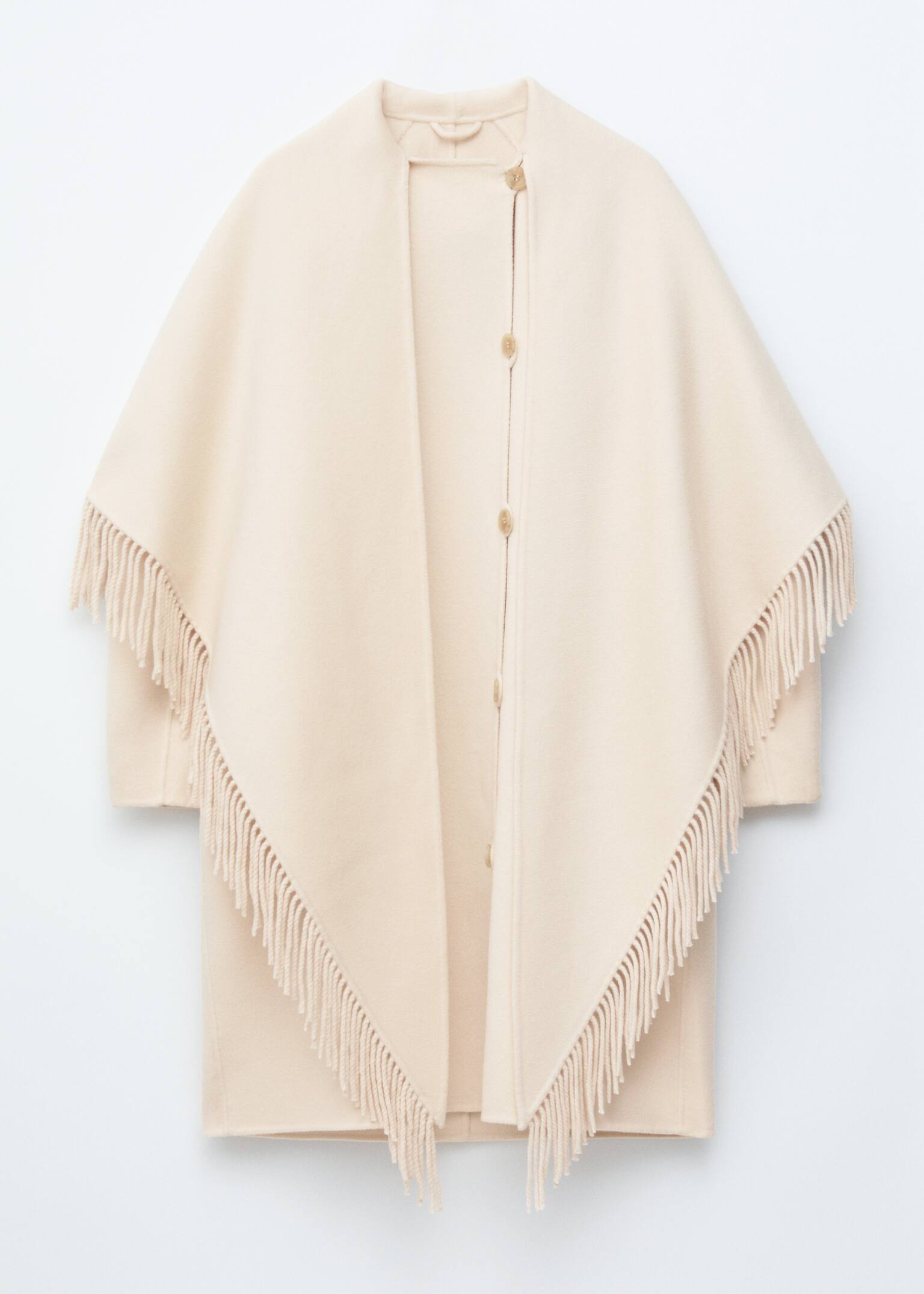 Fringed Shawl Wool Coat - Cream/Black - 4