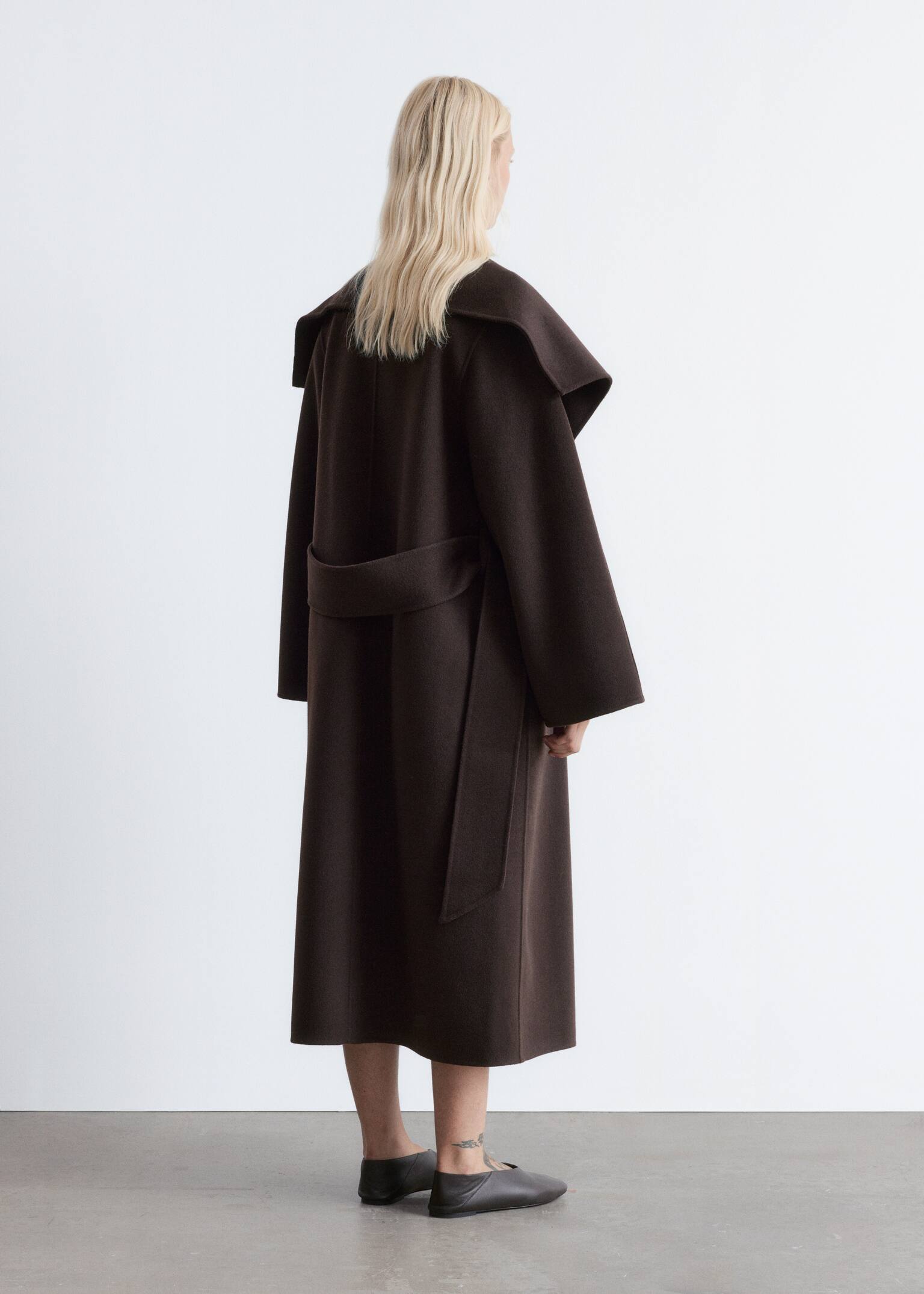 Manteau long en laine à col châle - Marron foncé/Gris foncé - 5