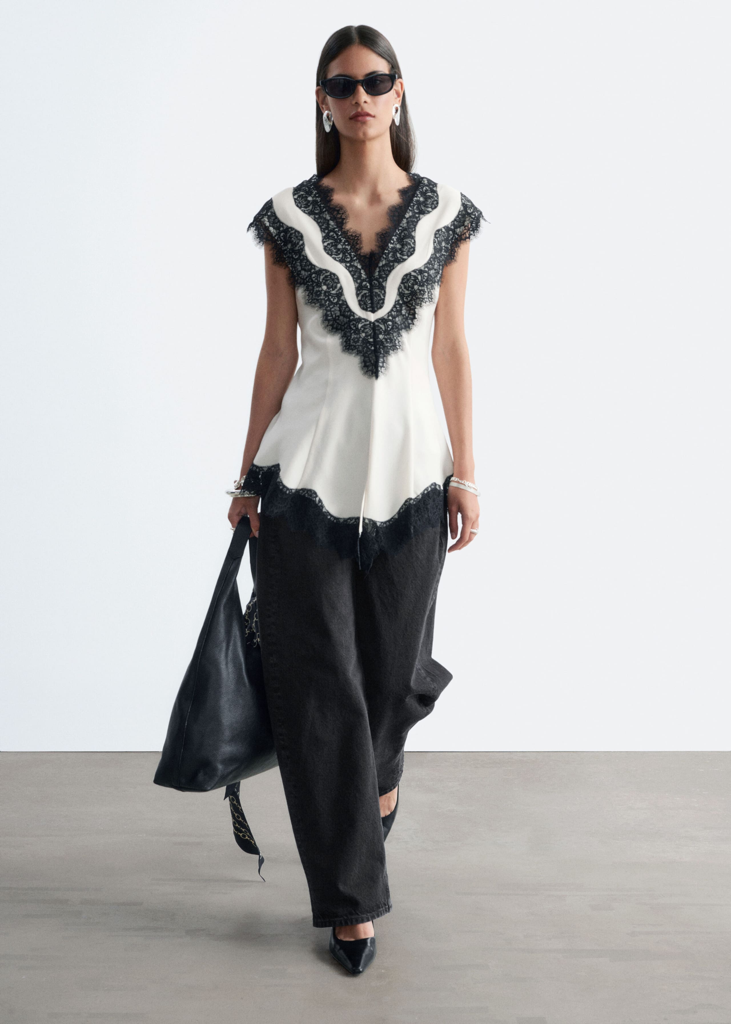 Lace-Trim V-Neck Top - White/Black - Still Life