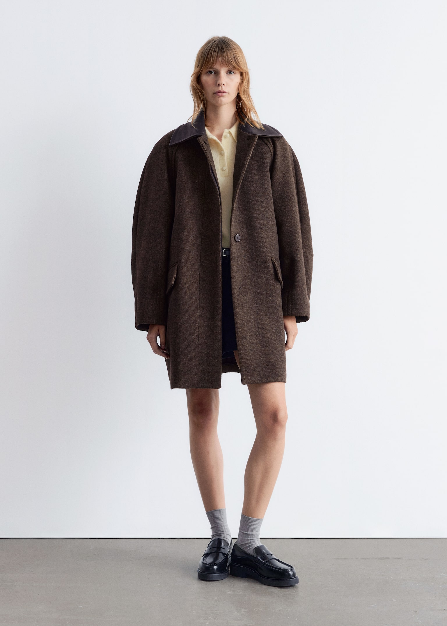 Oversized Leather-Collar Wool Coat - Dark Brown - 9