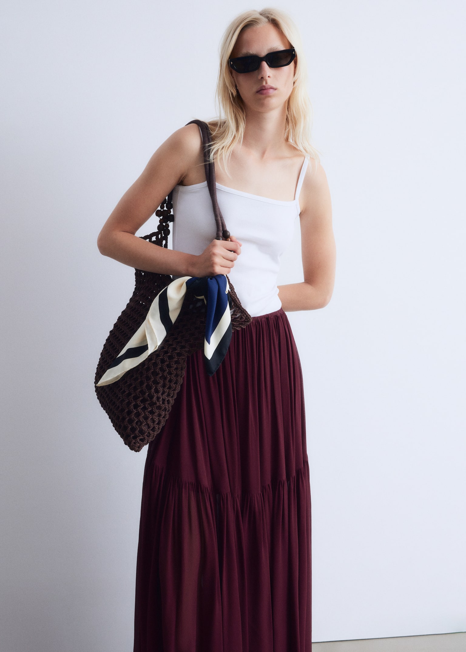 Chiffon Tiered Maxi Skirt - Dark Red - 4