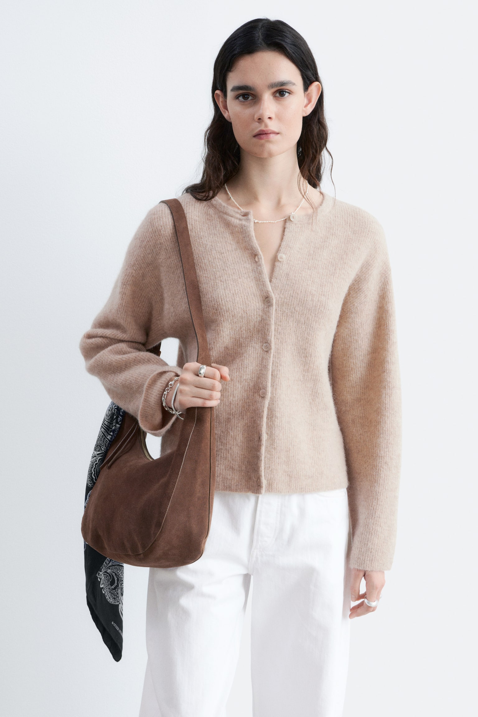 Alpaca-Blend Knitted Cardigan - Beige/Pink/Green/Grey Melange/Burgundy/Pastel Yellow - 1