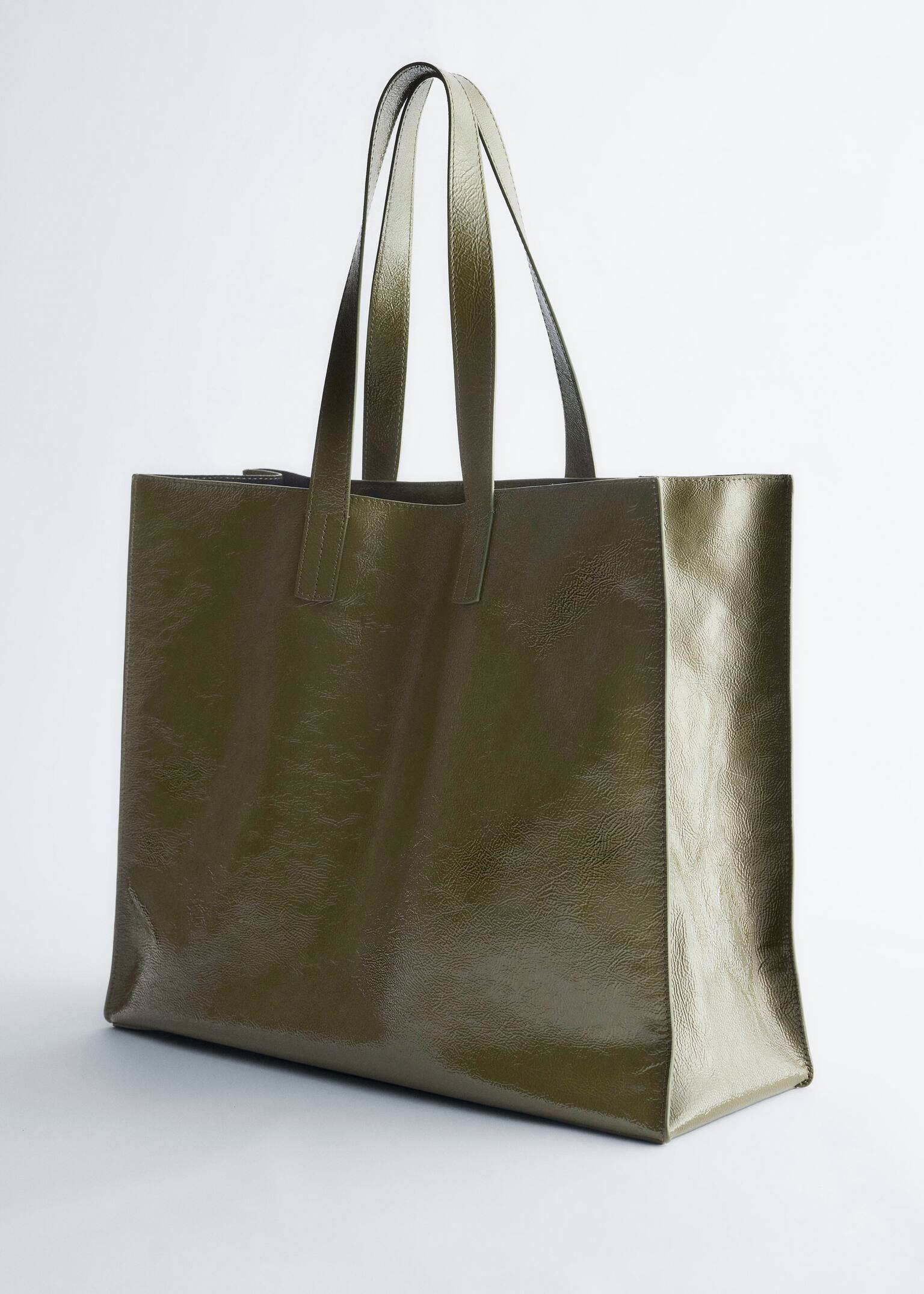 Leather Tote Bag - Khaki Green/Patent Dark Brown - 6