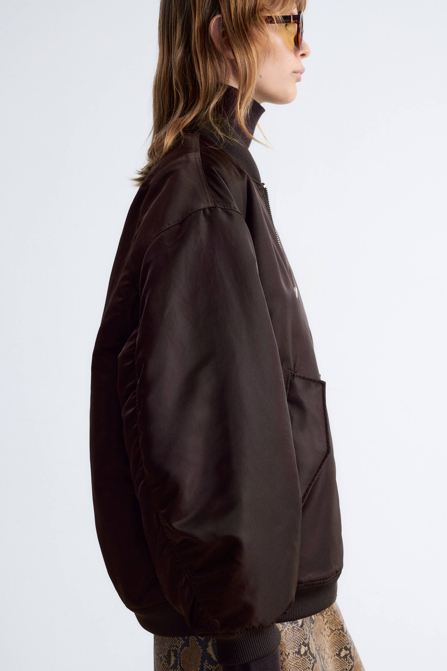 Long Bomber Jacket - Tmavě hnědá/Khaki zelená/Khaki Green - 1