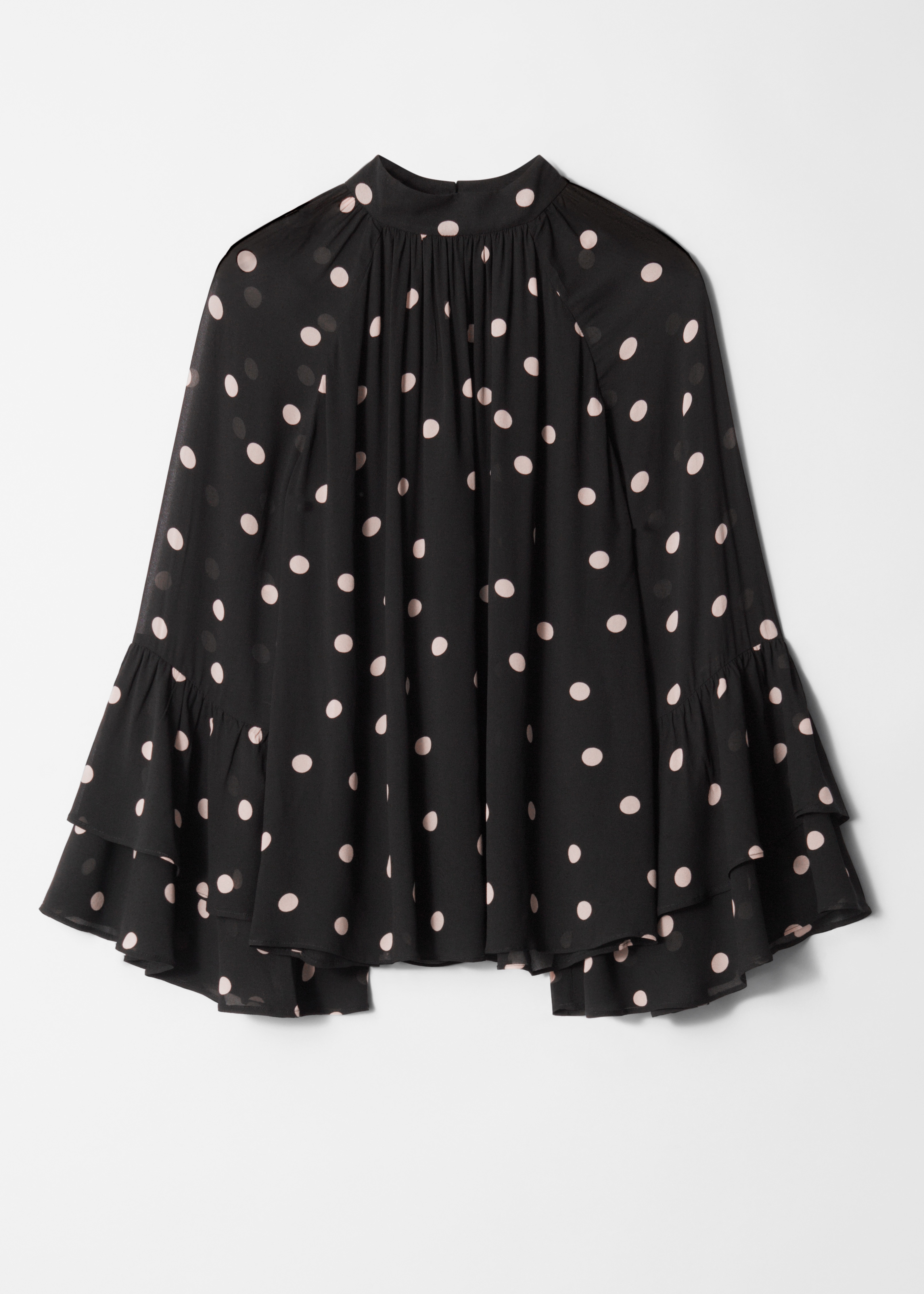 Bluză cu Volane și Guler Înalt - Buline Negre/Imprimeu leopard/Albastru deschis