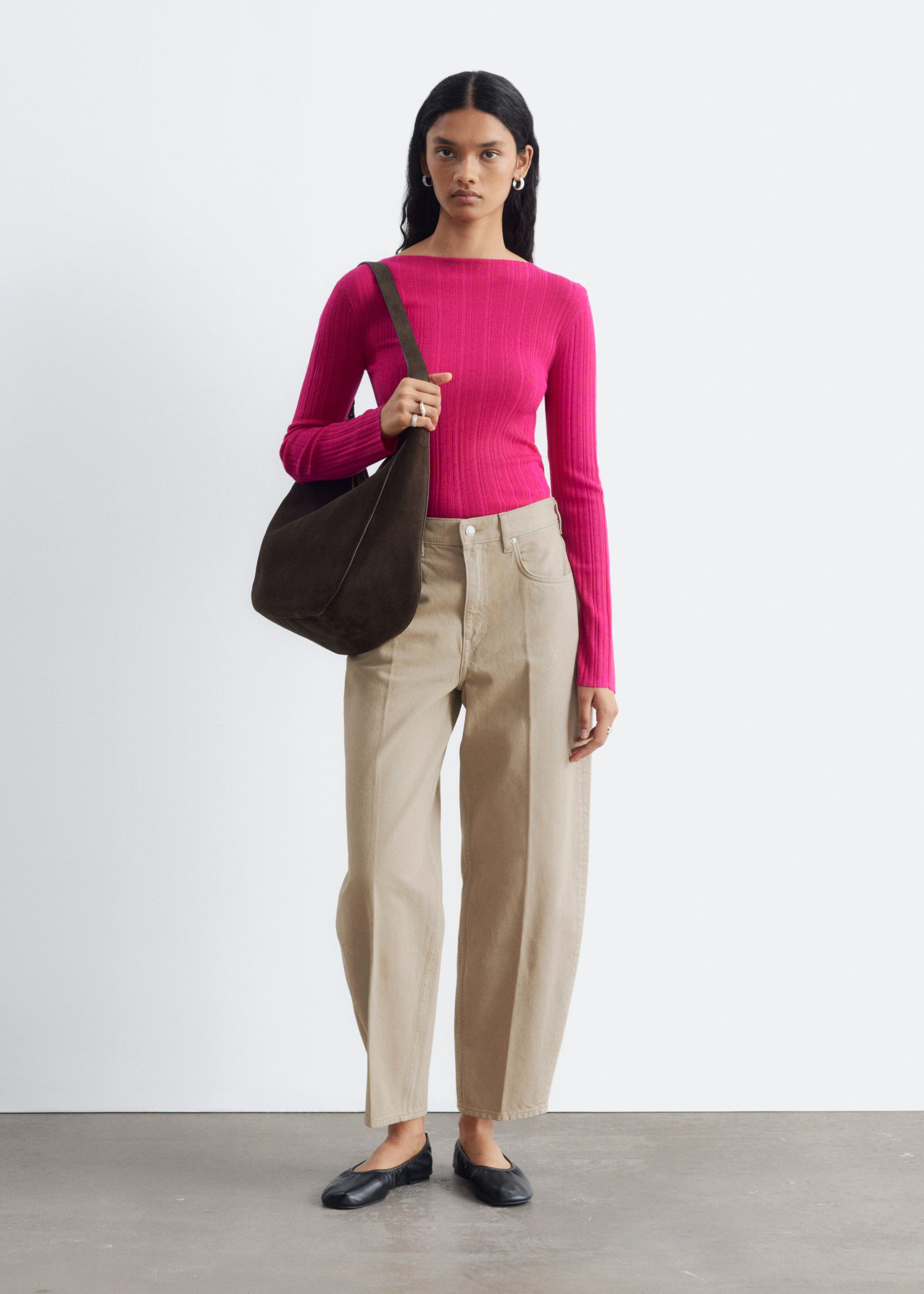 Rib-Knit Wool Boatneck Top - Bright Pink - Lookbook
