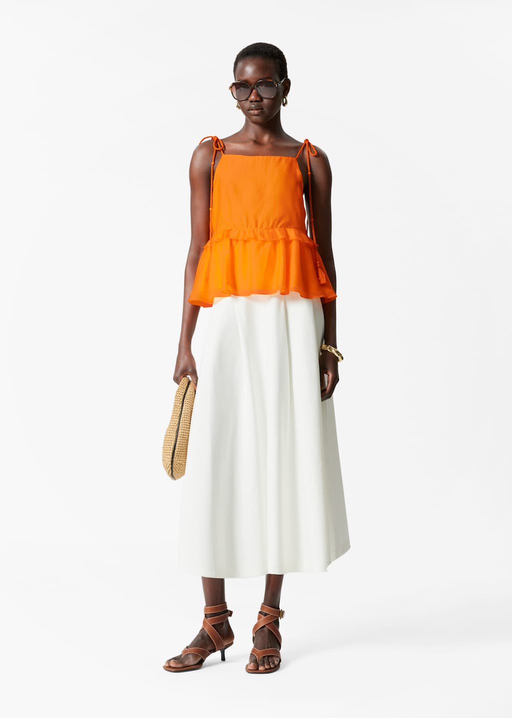 Peplum-Frill Strap Top - Orange - Lookbook