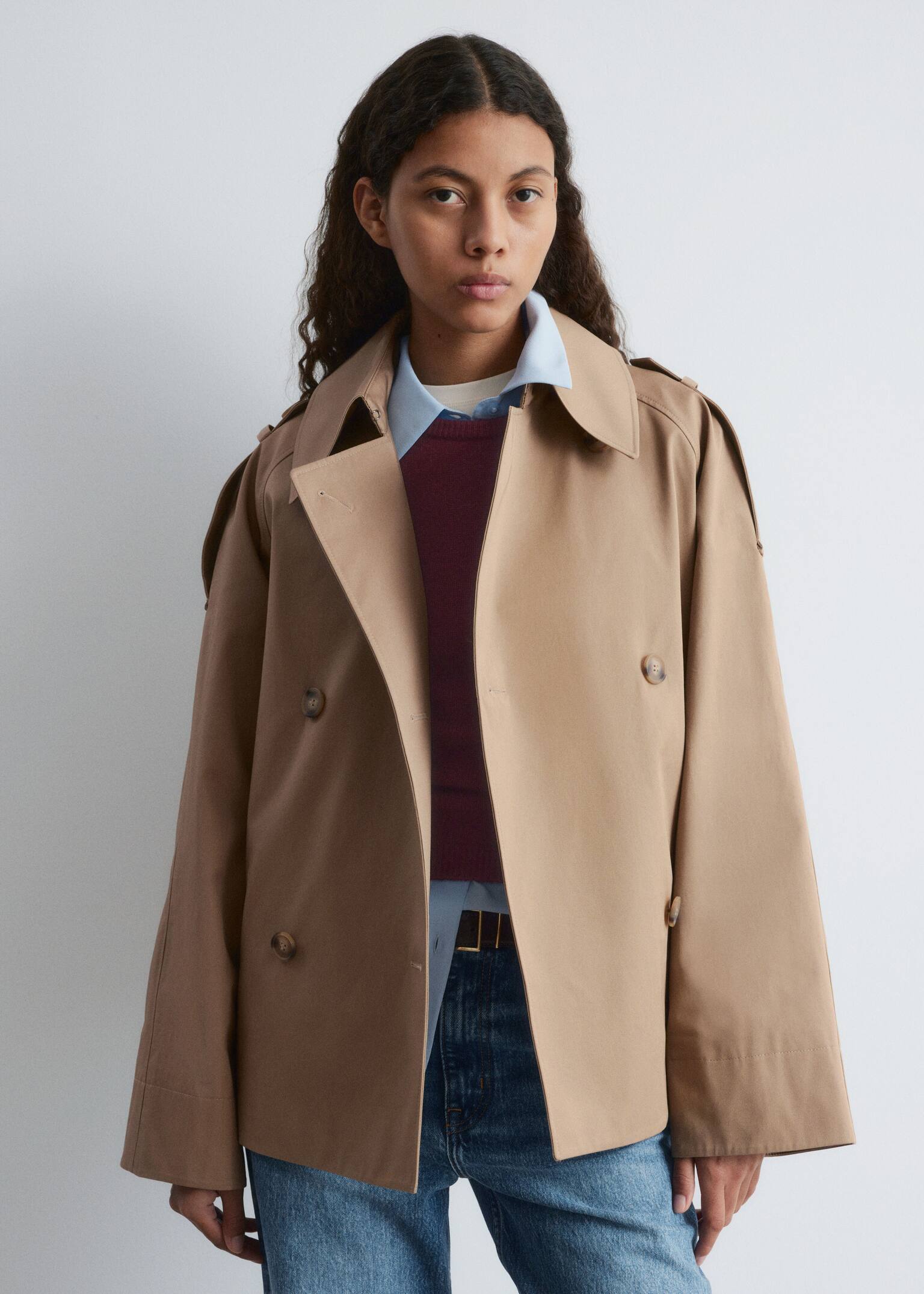Double-Breasted Trench Jacket - Beige/Khaki Green - 3