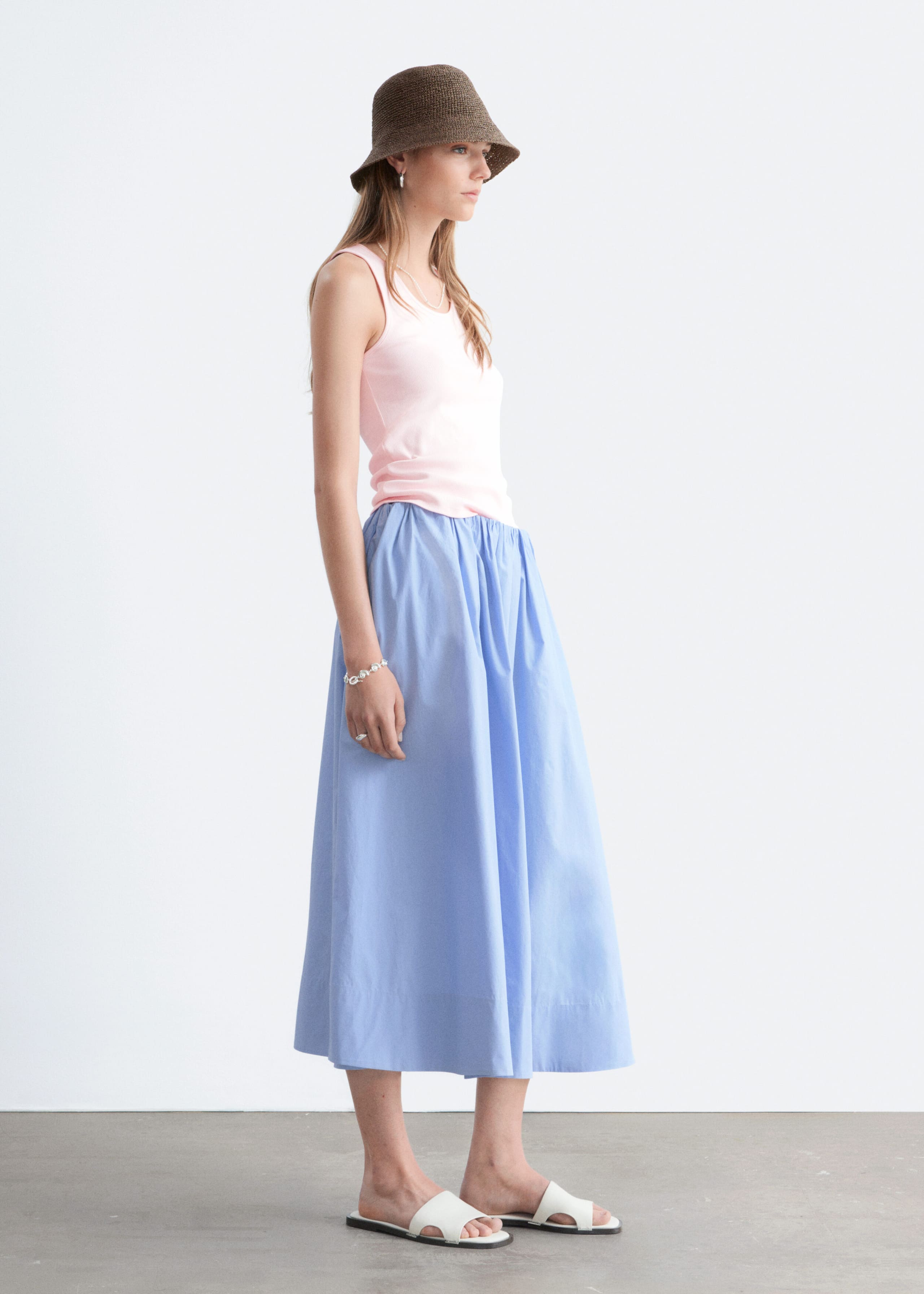 Cotton Midi Skirt - Light Blue - Lookbook
