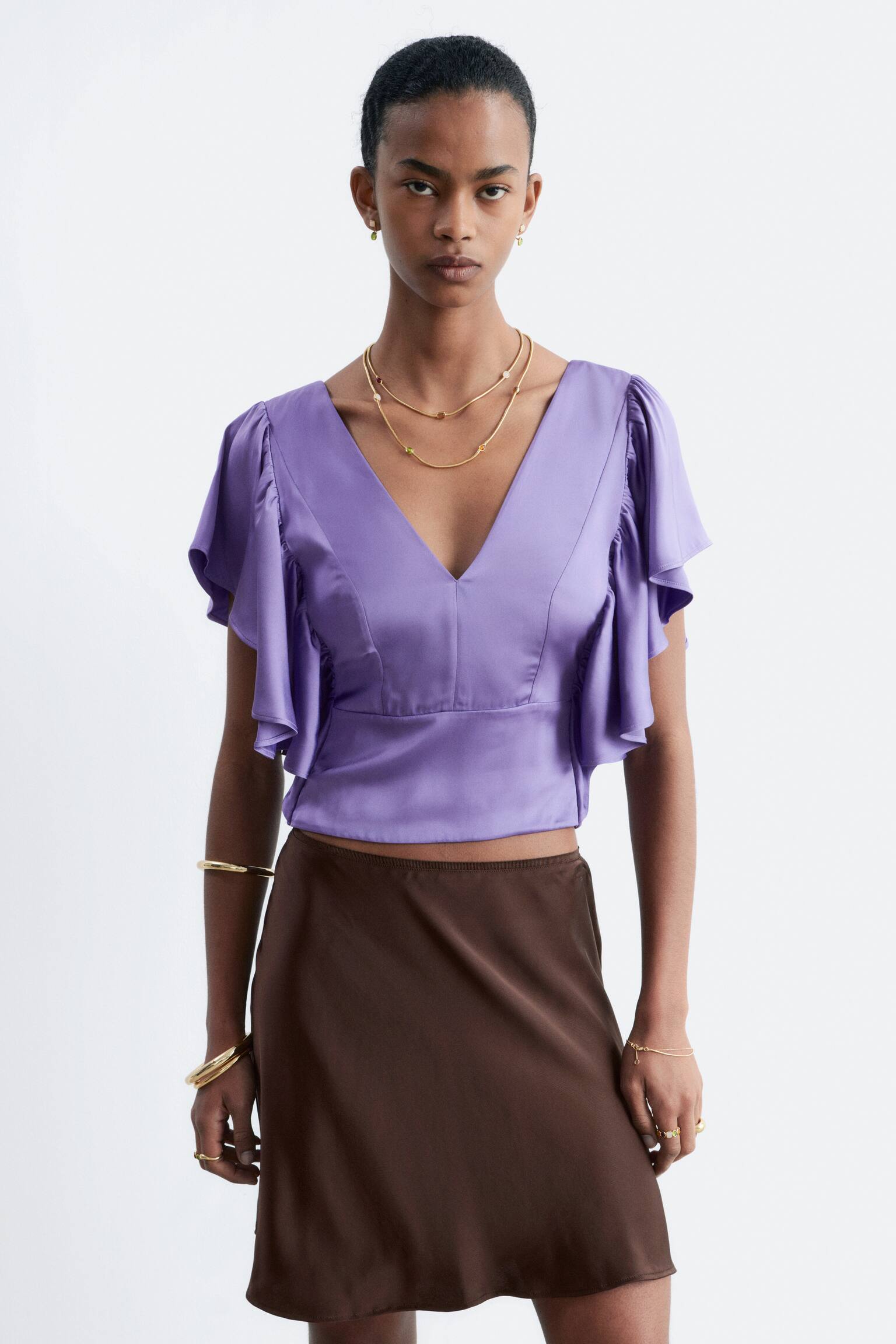 Bluse mit Rüschen und V-Ausschnitt-Purple - 2