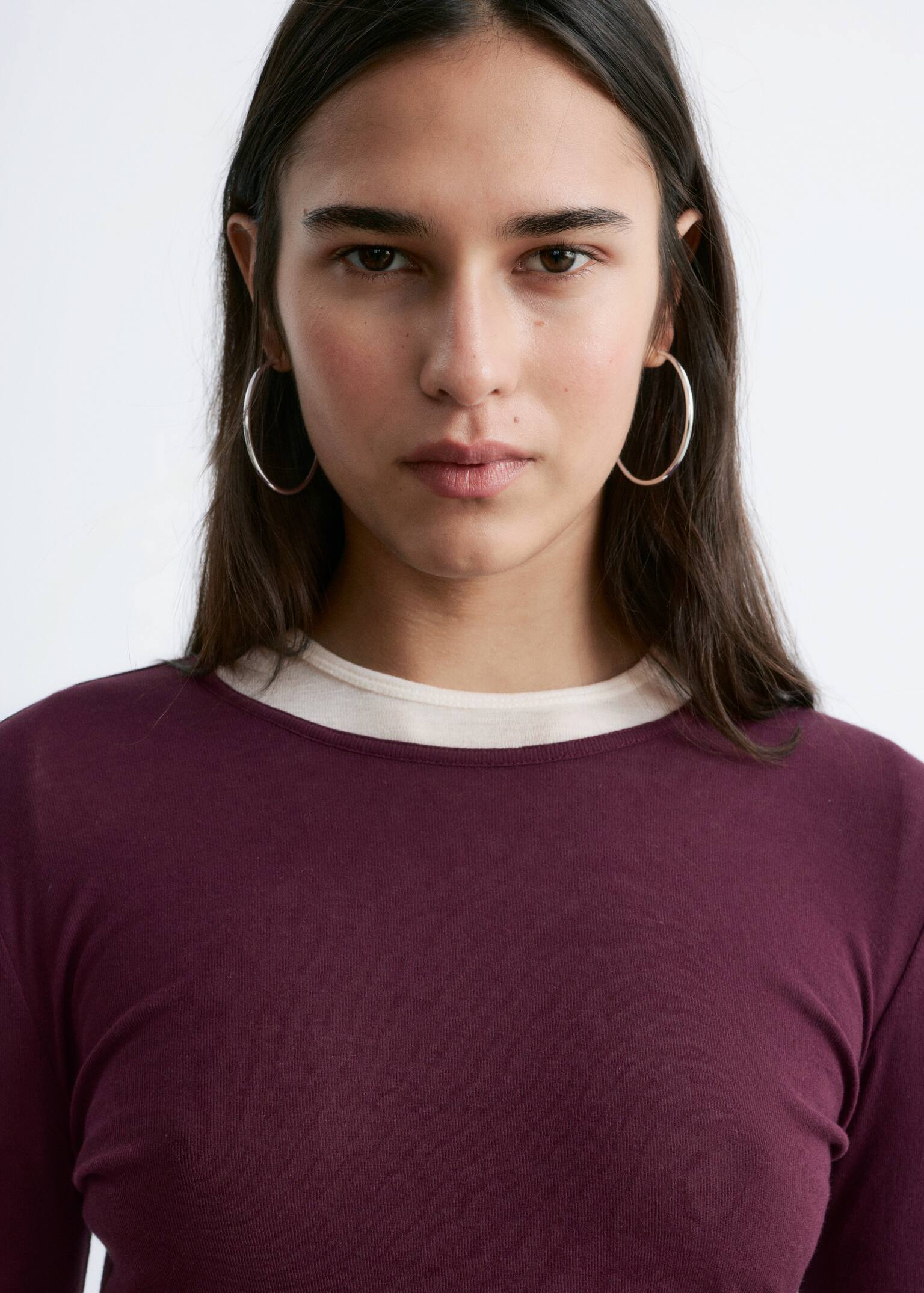 Long-Sleeve Cotton Top - Burgundy/White - 4