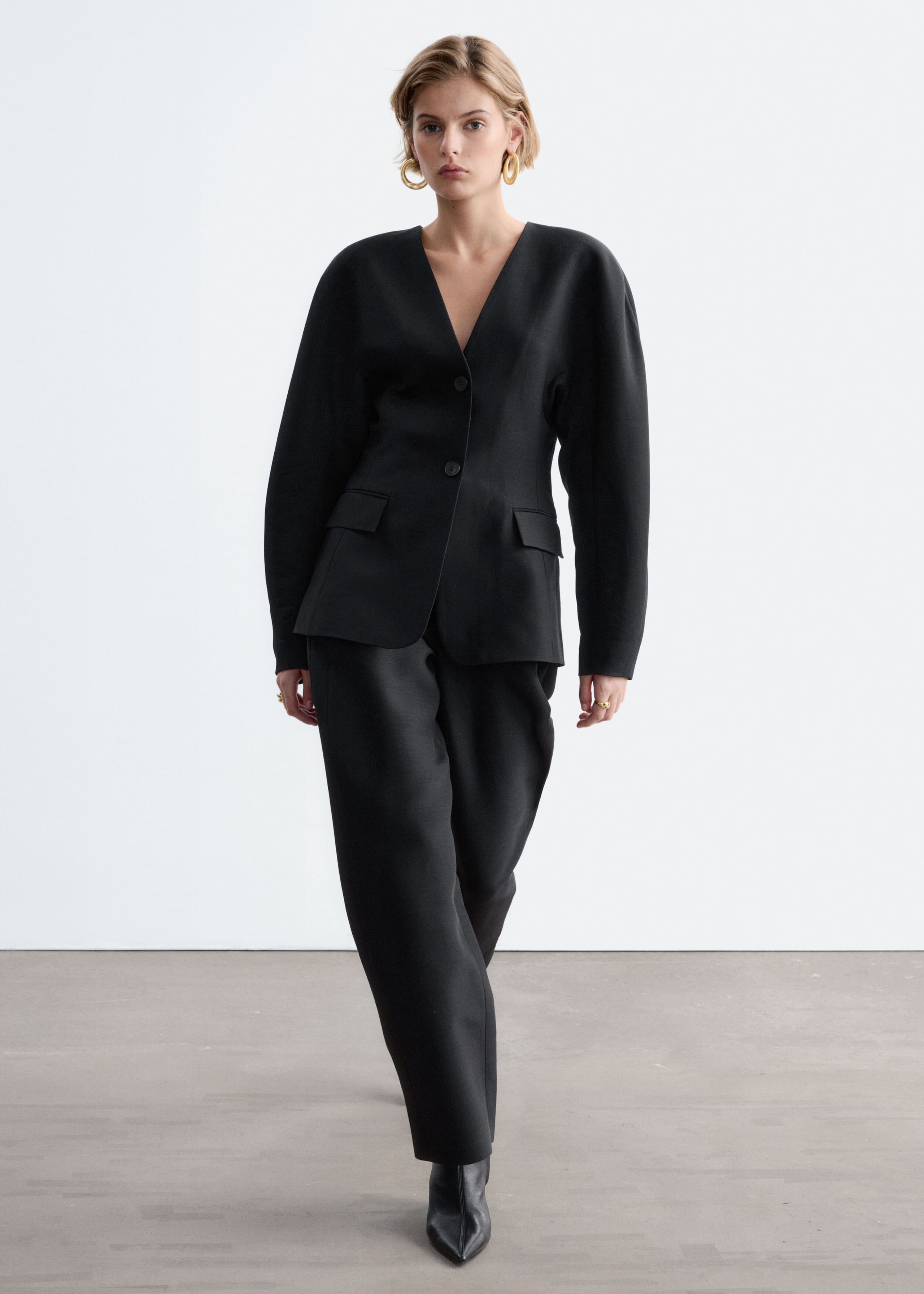 Collarless Sculpted Blazer - Black - Lookbook