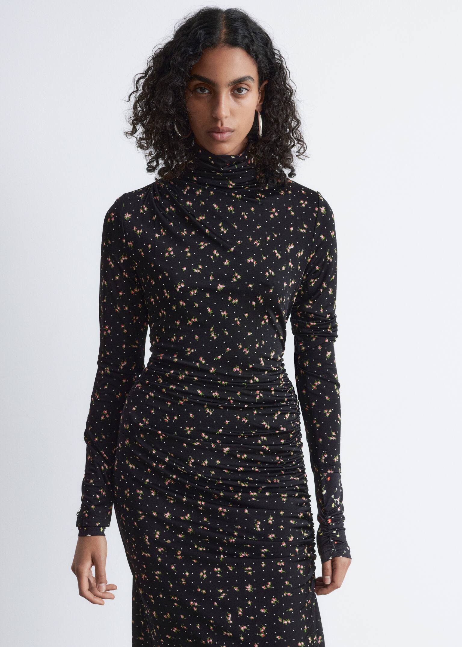 Mock Neck Midi Dress - Black/Floral - 4