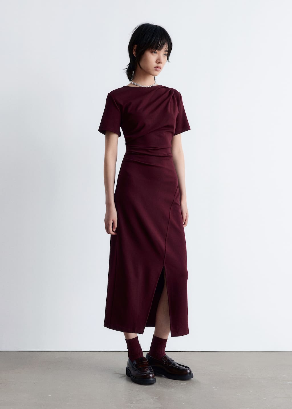 Image of Draped Short-Sleeve Midi Dress