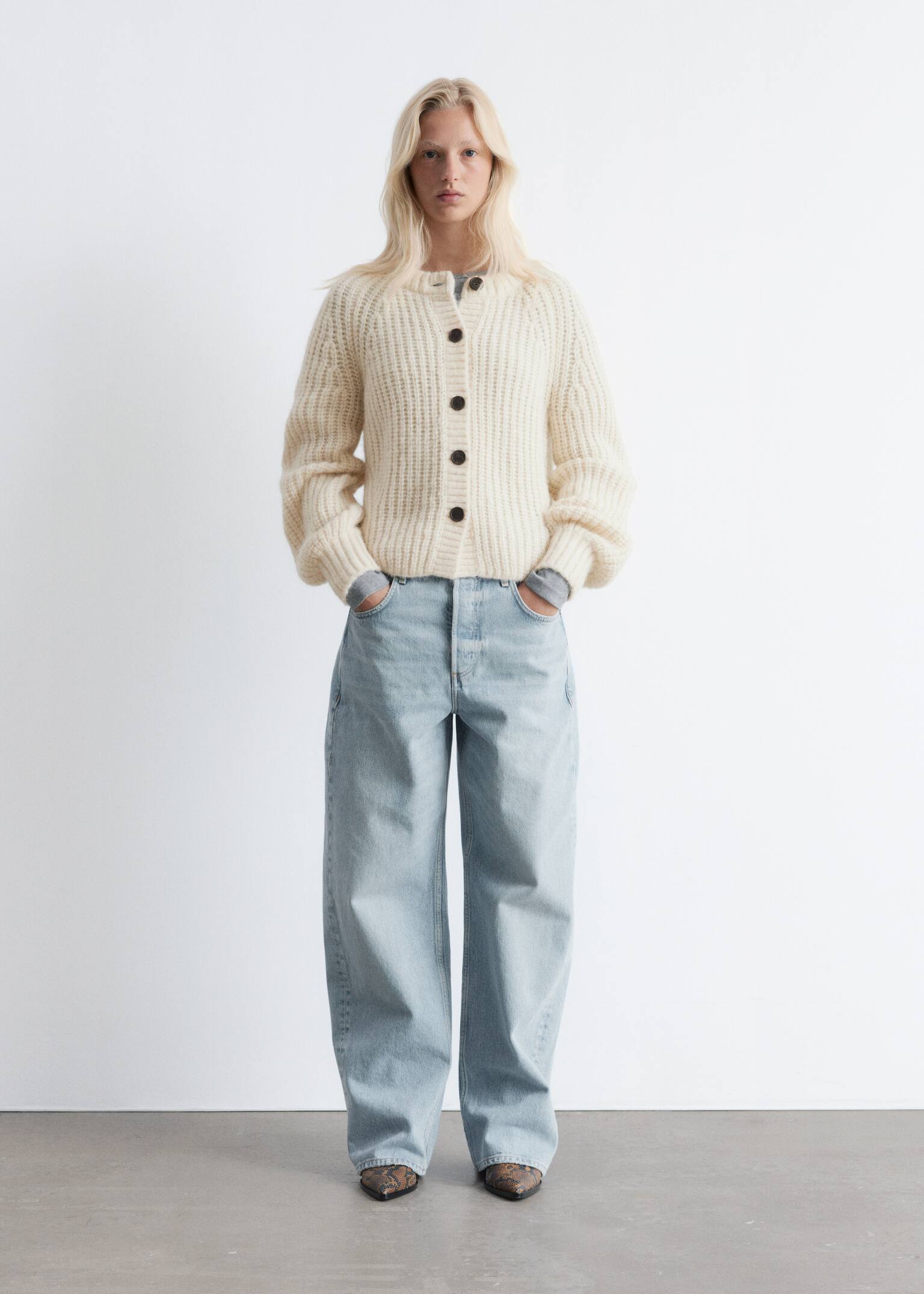 Cardigan con maniche a palloncino - Crema/Giallo senape