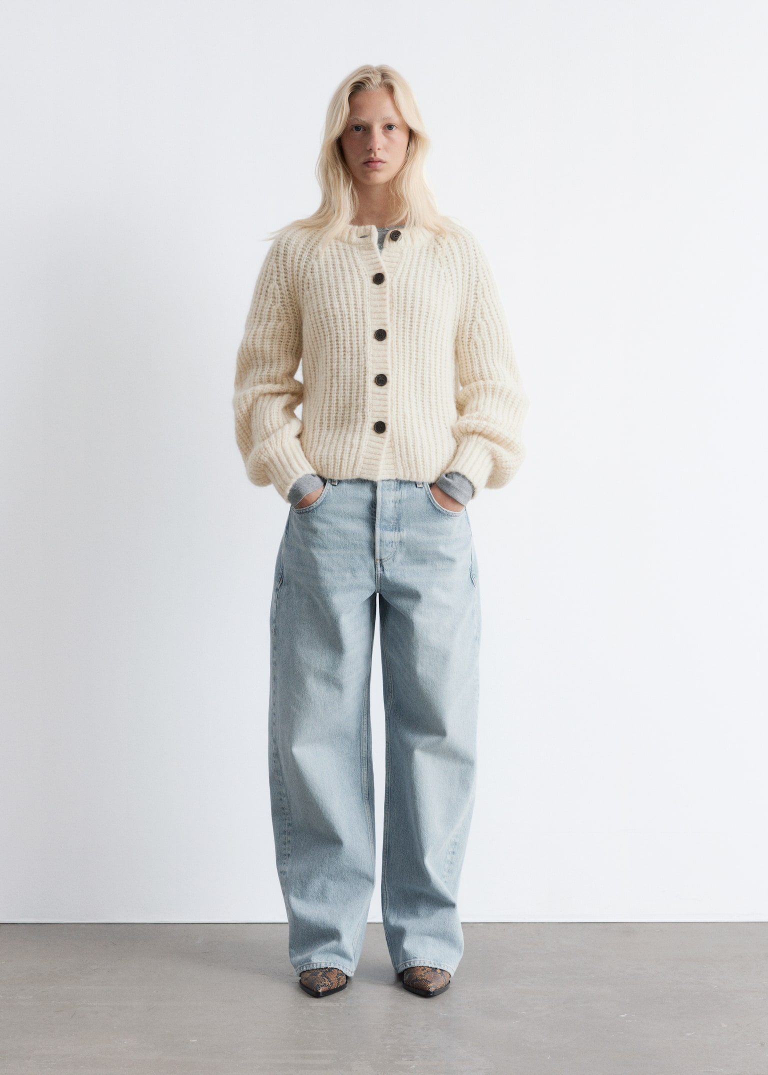Cardigan con maniche a palloncino - Crema/Giallo senape