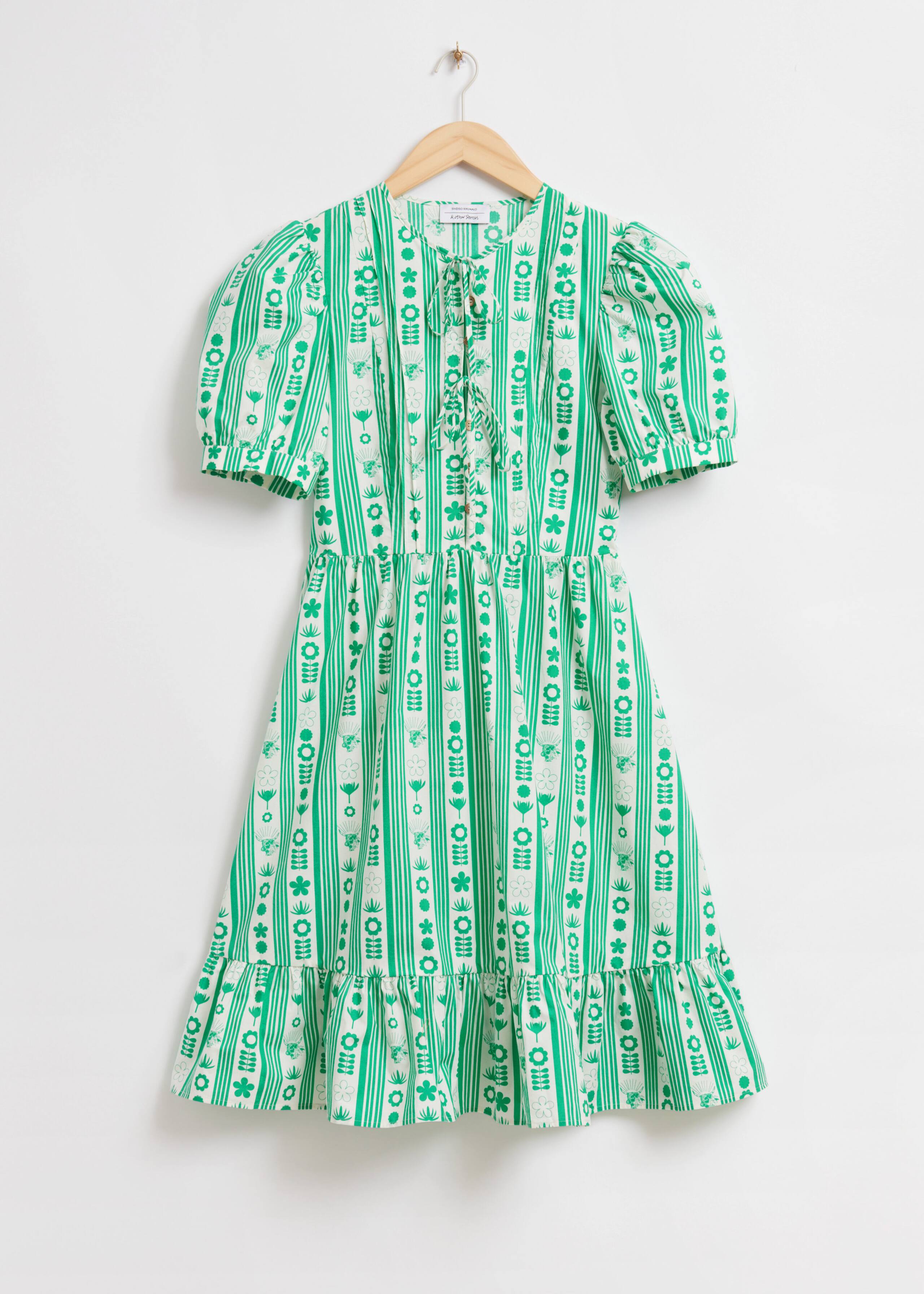 Ruffled Geometric-Print Midi Dress - Green/White Geometric Print - Natura morta