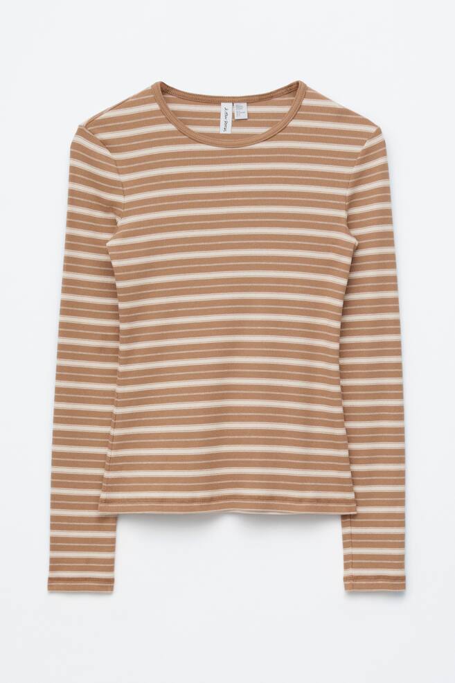 A long-sleeved top is showcased as FRONT, featuring brown and beige horizontal stripes and a ribbed texture. It is designed with a round neckline and appears in a slim fit silhouette. - 1
