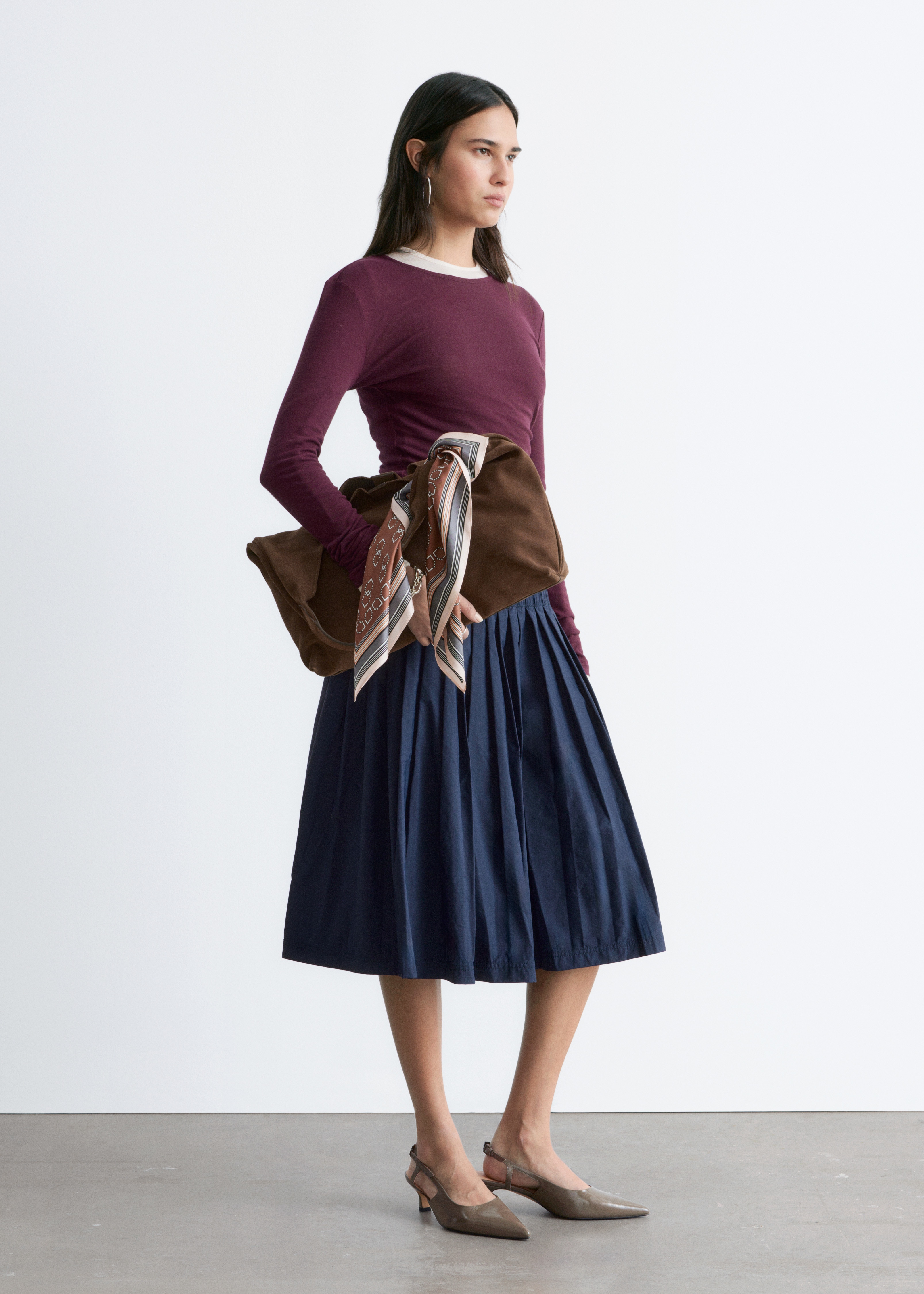 Bavlněný top s dlouhým rukávem - Bordó/Bílá