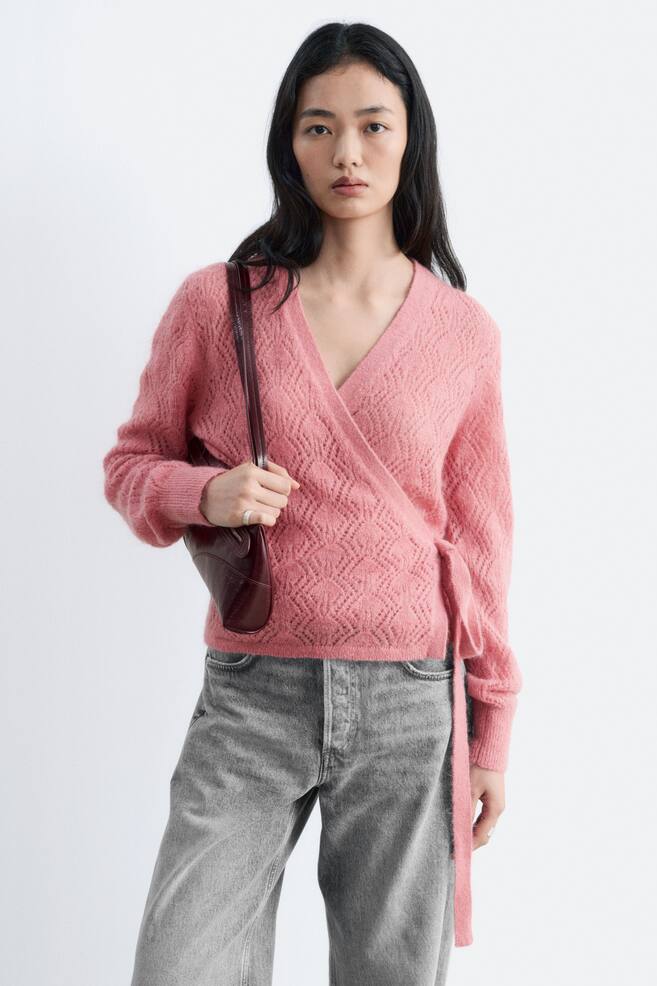Cárdigan de punto pointelle en mezcla de mohair - Rosa/Gris - 1
