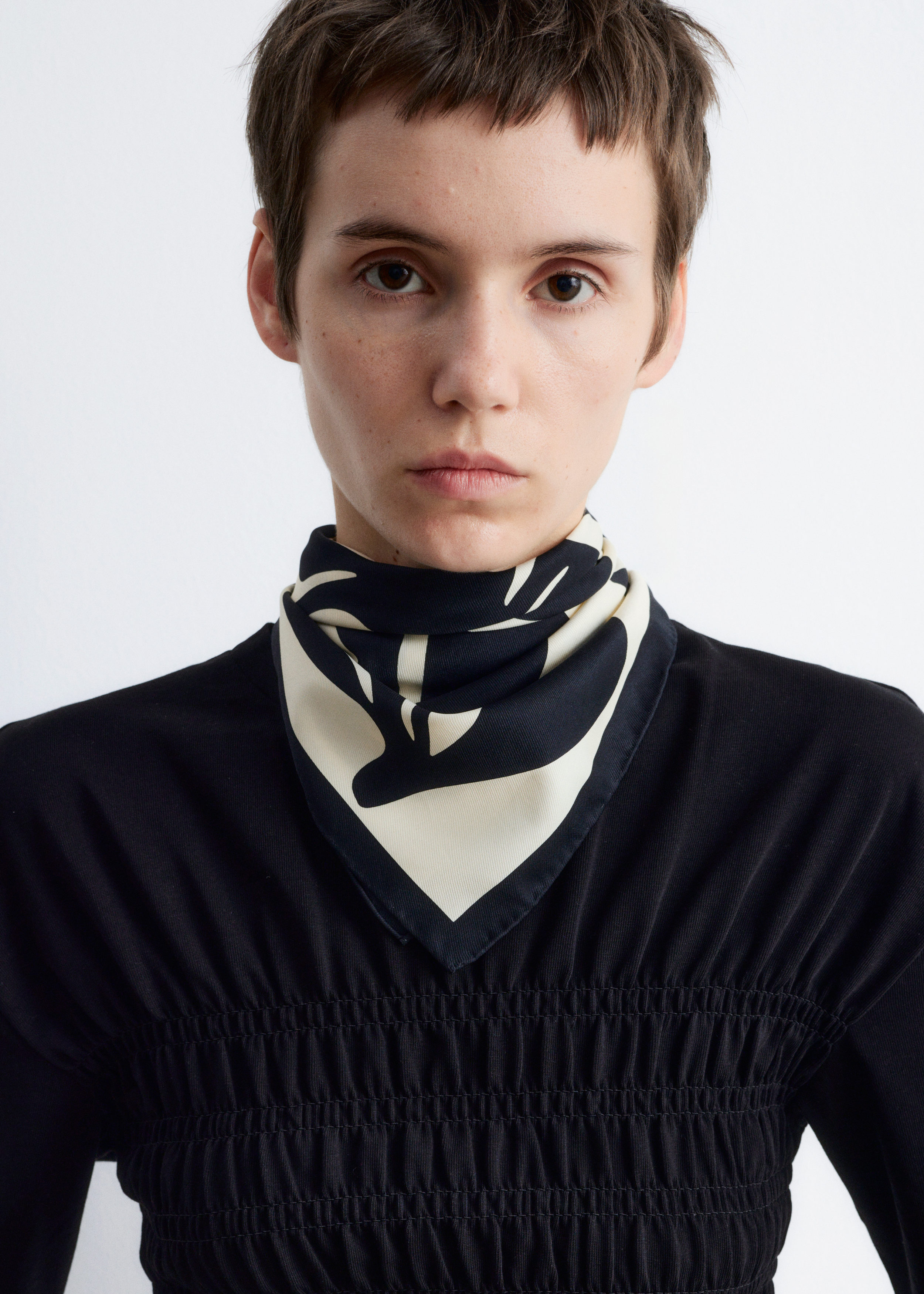 Smocked Crewneck Top - Black - Lookbook