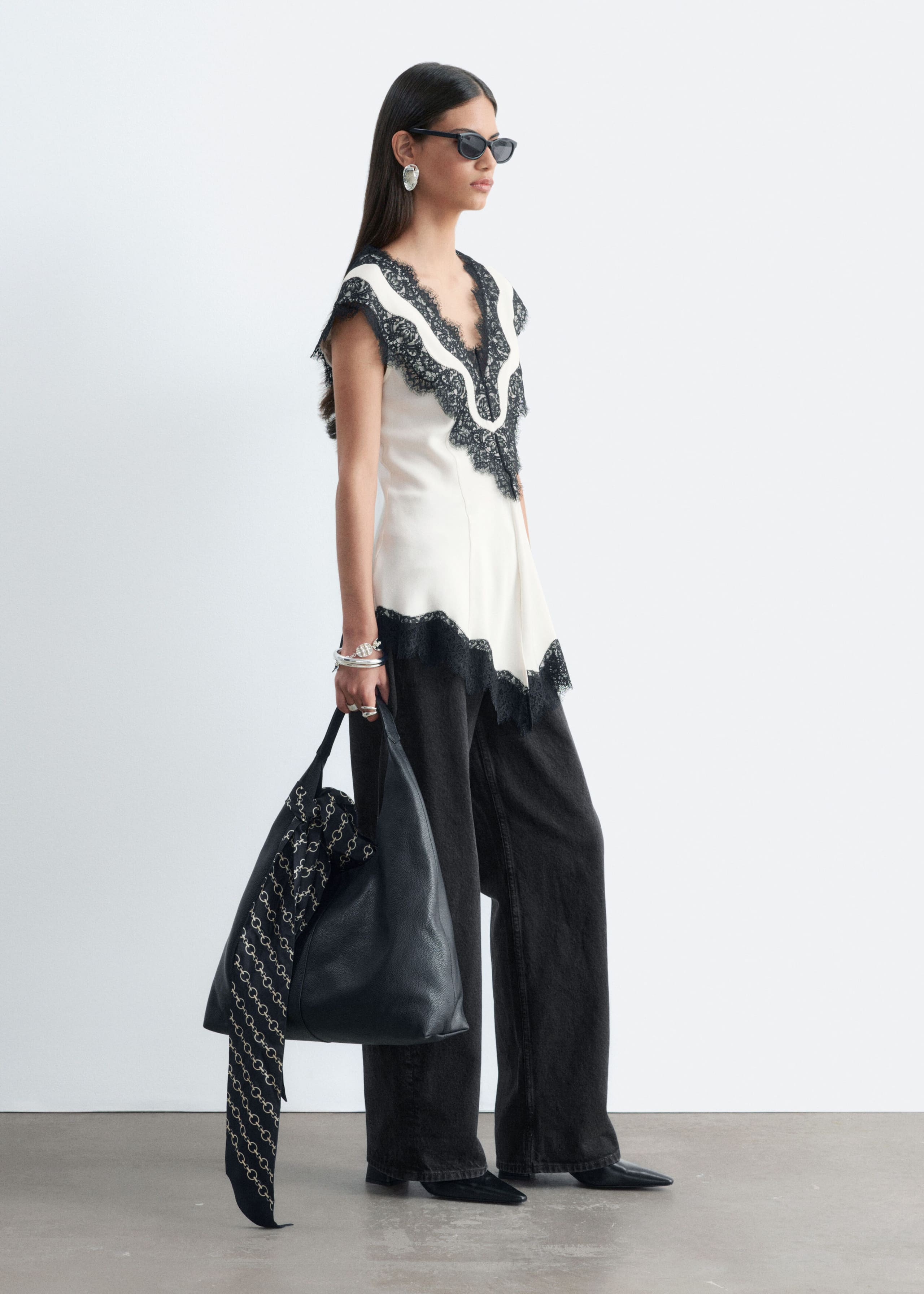 Lace-Trim V-Neck Top - White/Black - Still Life