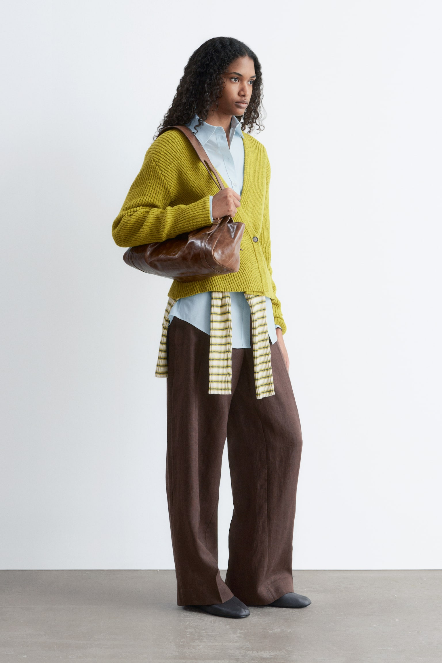 Rippstrickjacke aus Baumwolle - Chartreuse/Weiß/Grau - 3