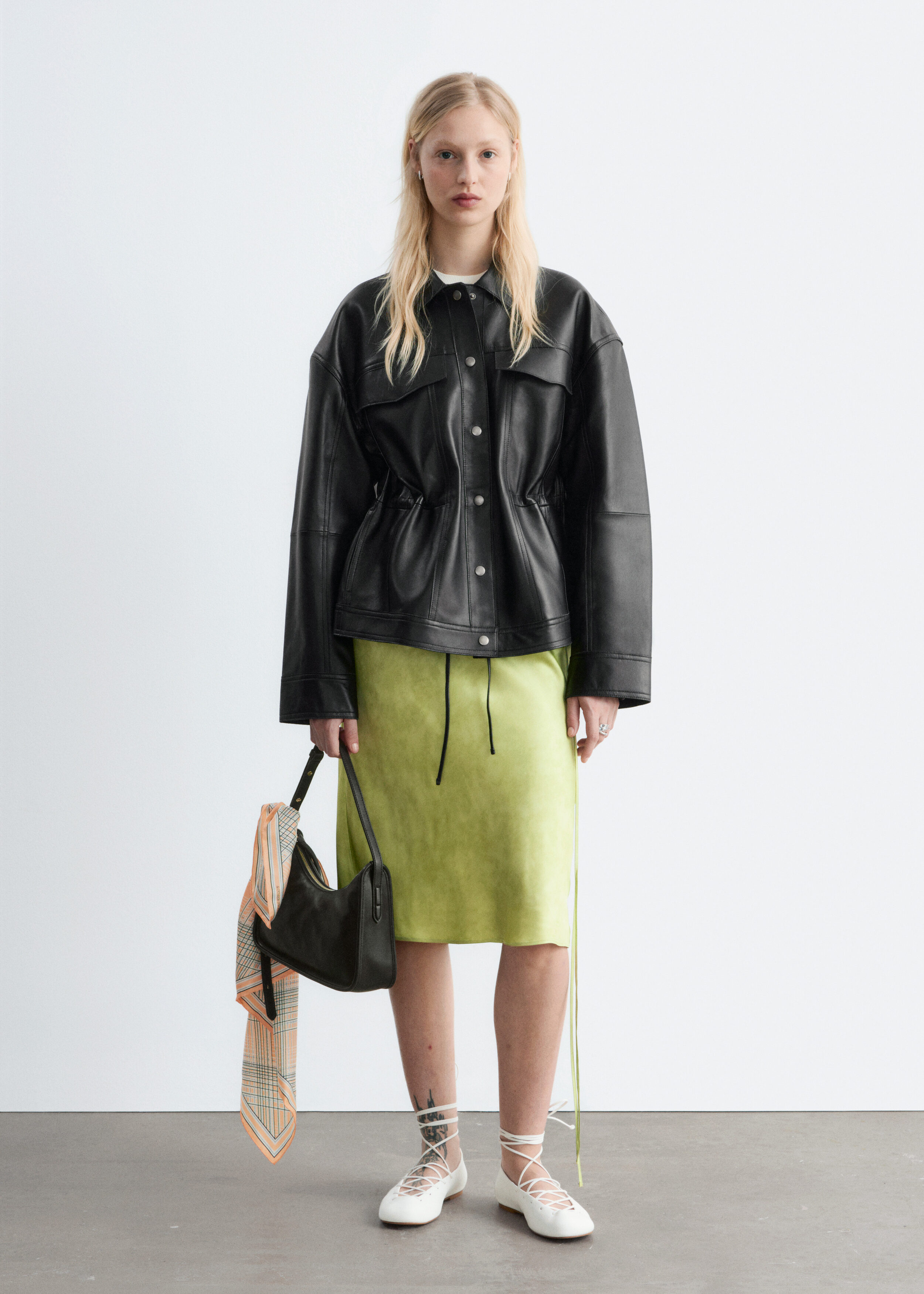 efu エフ WAIST DRAWSTRING LEATHER JACKET Drawstring-Waist Leather Jacket - Black - & Other Stories US