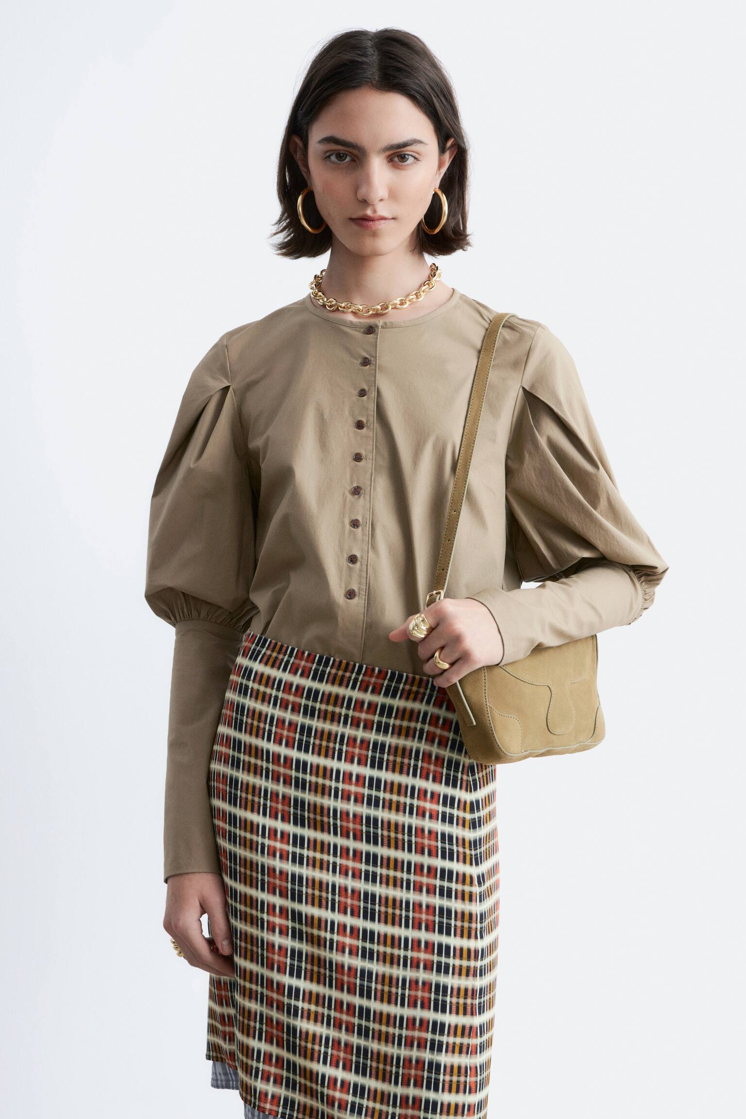 Bluză cu Mâneci Bufante - Bej închis - 1