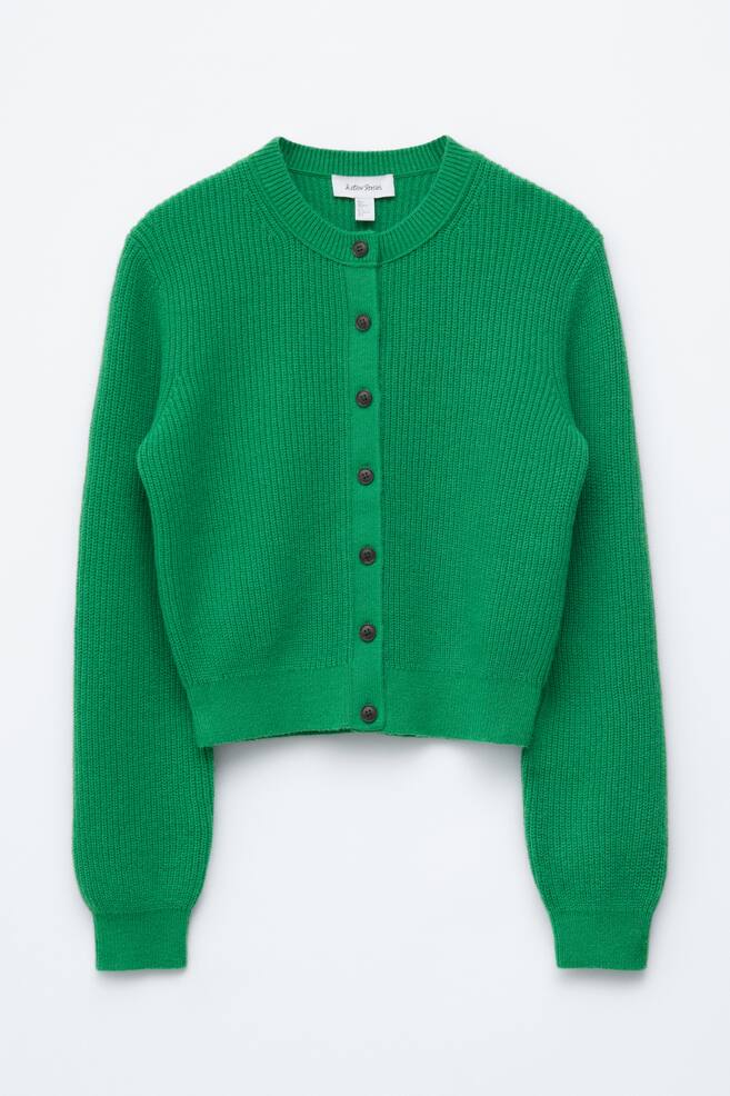 A vibrant green cardigan is facing FRONT, featuring a ribbed knit texture, a crew neck, and a full button-front fastening with dark brown buttons, complemented by long sleeves with ribbed cuffs and a ribbed hem. - 1