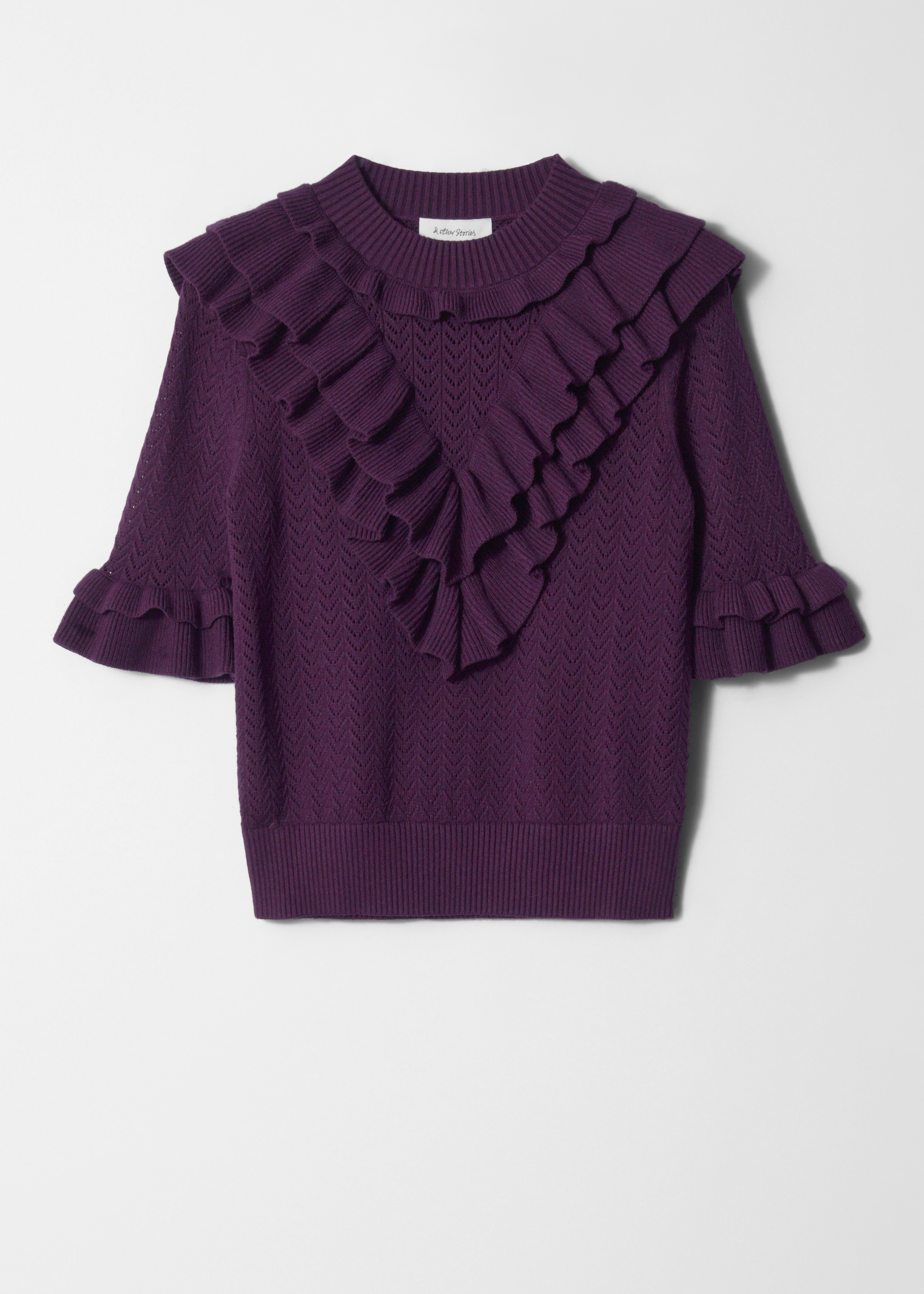 Top cu Volane din Tricot cu Puncte - Dark Purple/Galben