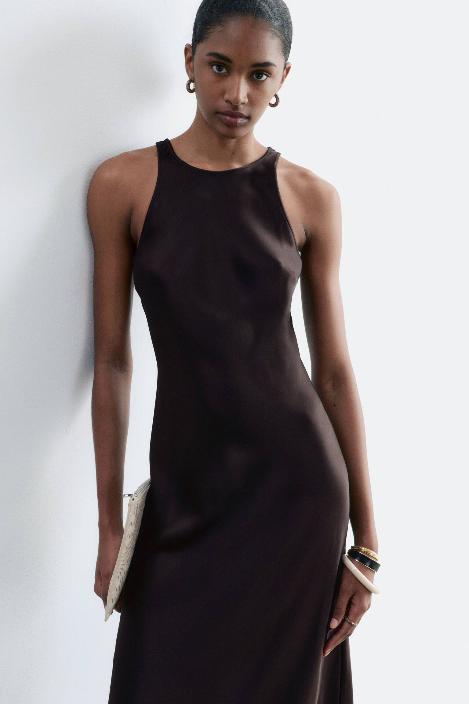 Sleeveless Satin Midi Dress - Dark Brown - 5