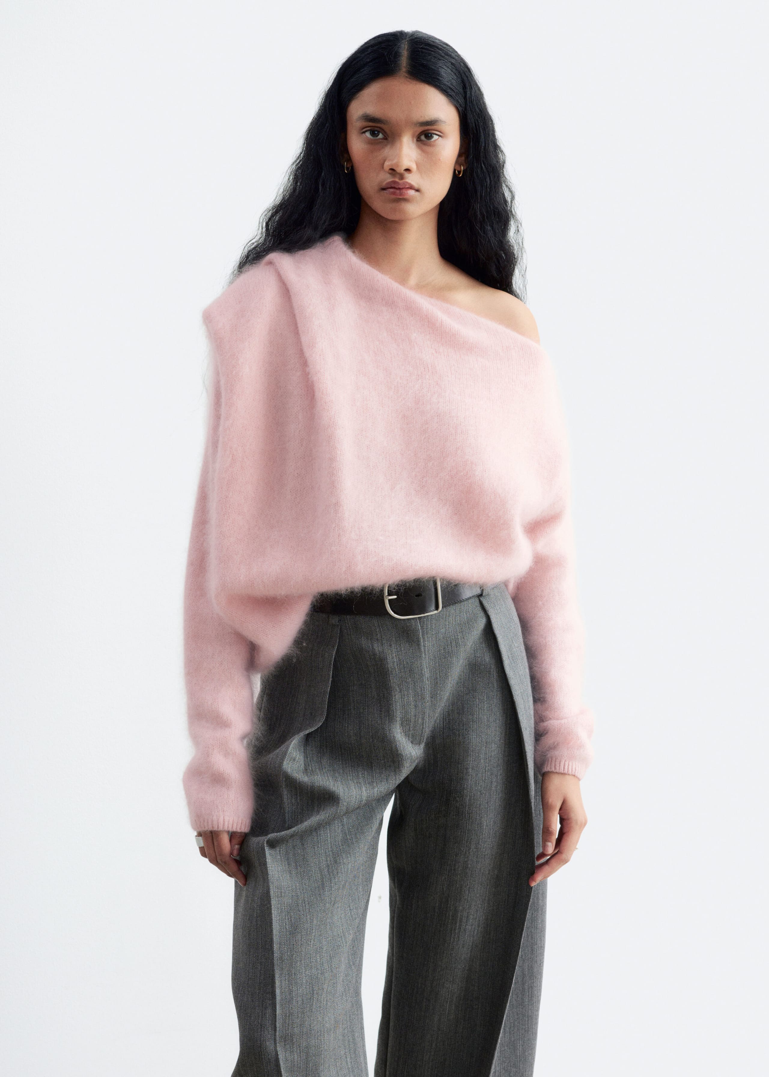 Draped-Neck Merino Wool Jumper - Pink - Lookbook