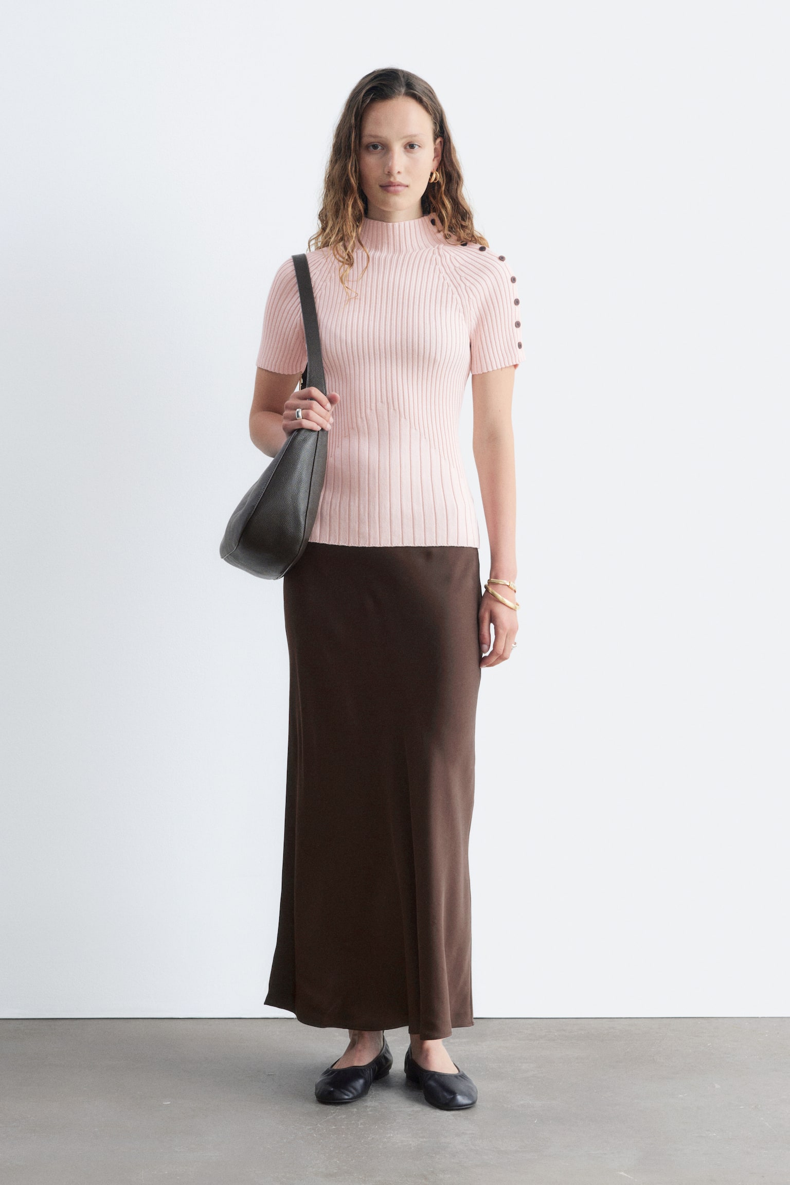 Mock-Neck Ribbed Top - ורוד בהיר/אוף וייט - 1