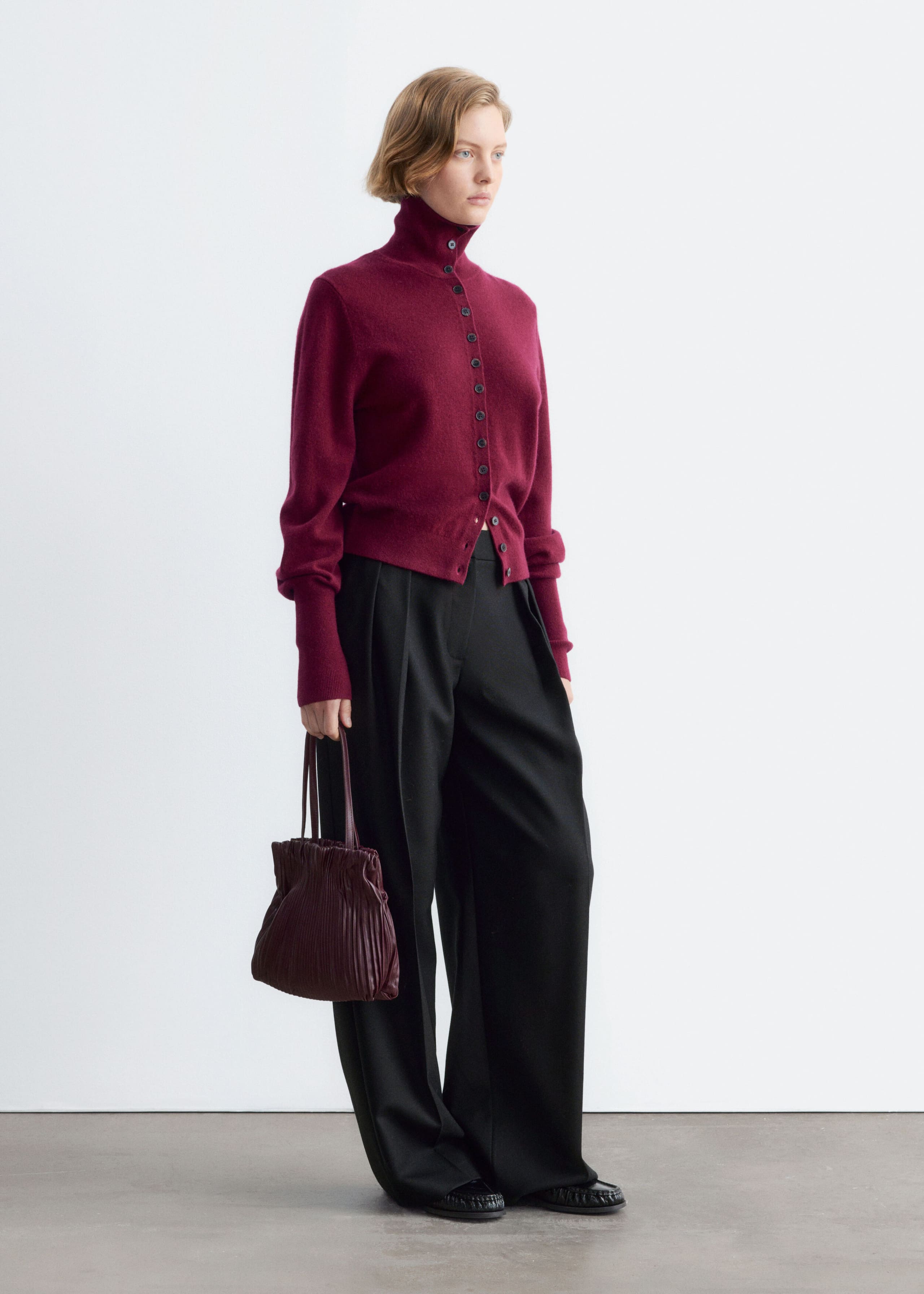High-Neck Wool Cardigan Burgundy