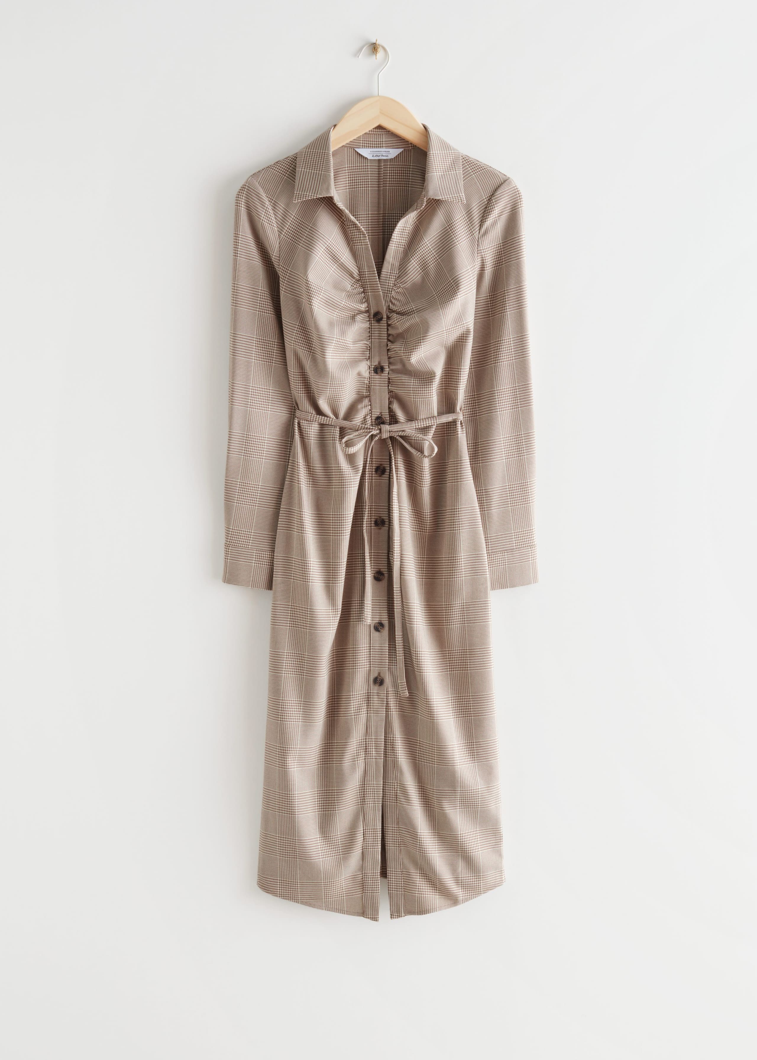 Belted Shirt Midi Dress - Beige Checks - Bodegón