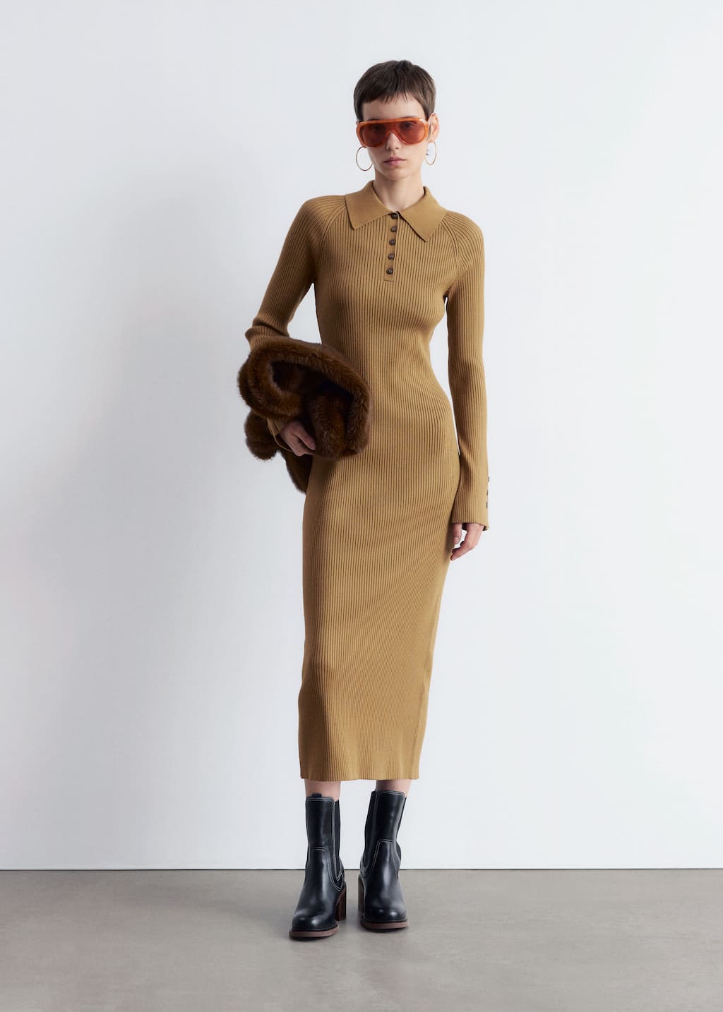 Image of Rib-Knit Polo Midi Dress