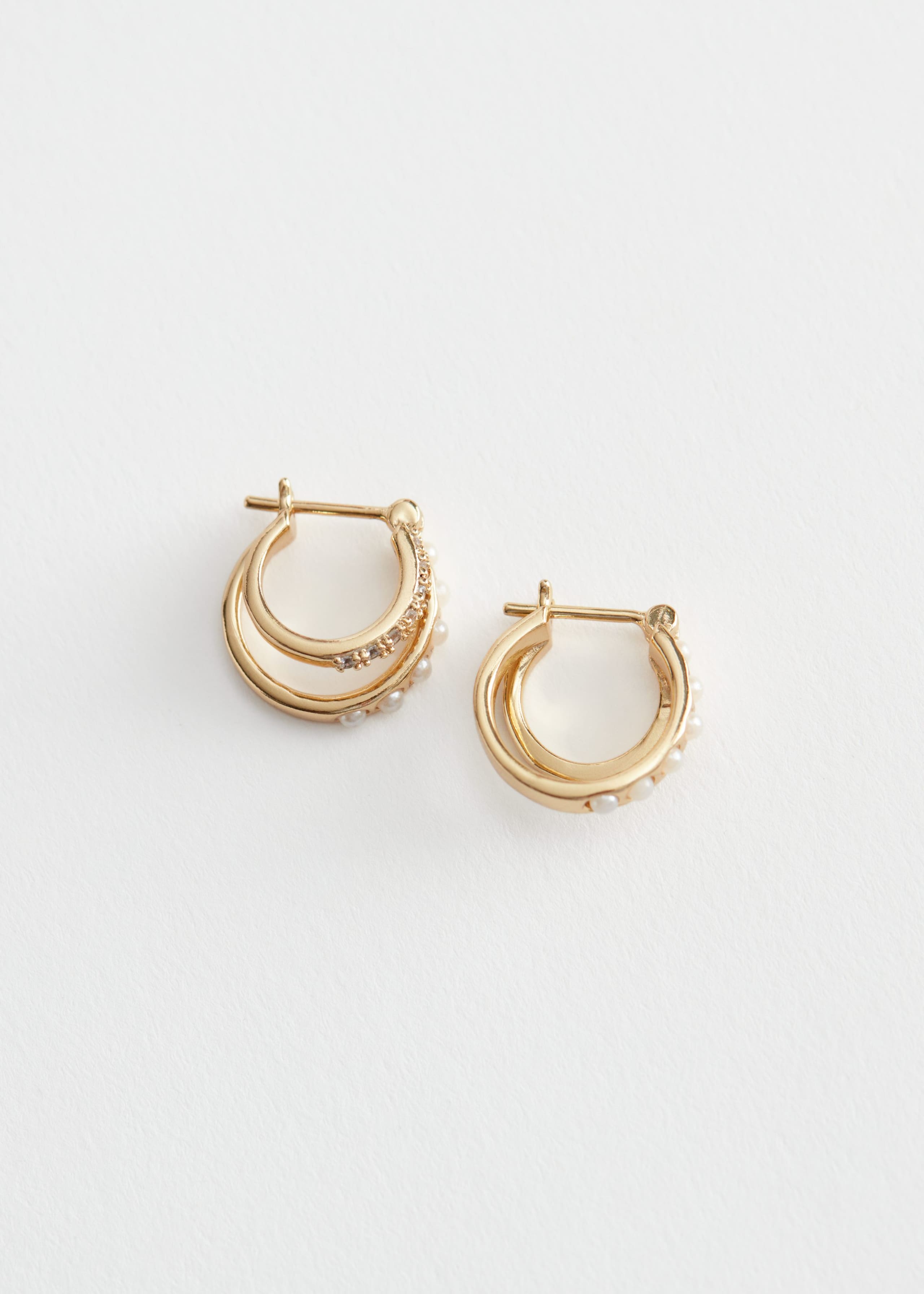 Pearl Rhinestone Mini Hoops Set - Gold-coloured - Still Life