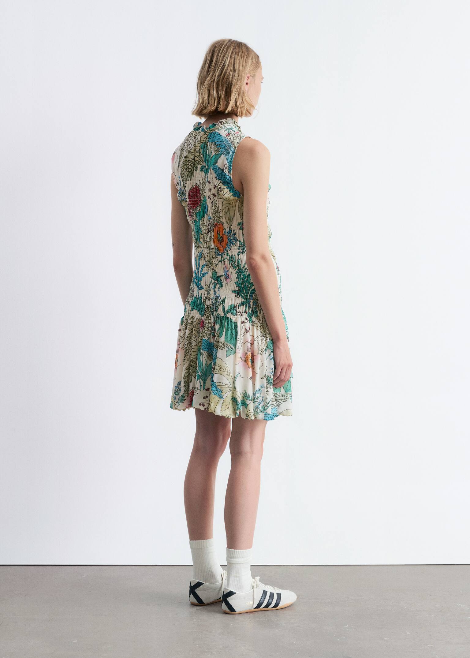 Robe courte à smocks - Motif floral/Blanc/Jaune - 6