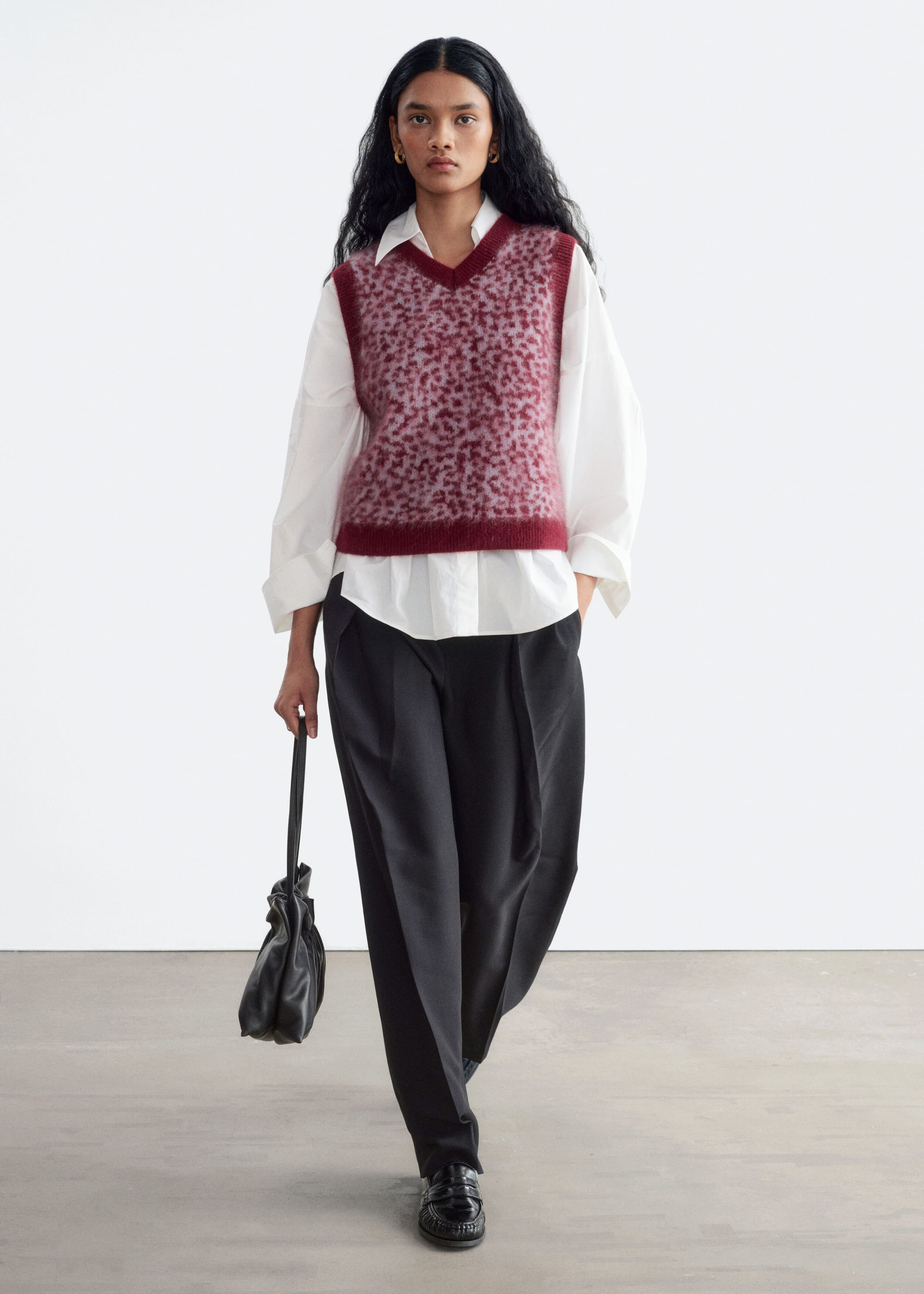 Brushed Wool Jacquard Vest - Khaki Green/Leopard Print - Lookbook