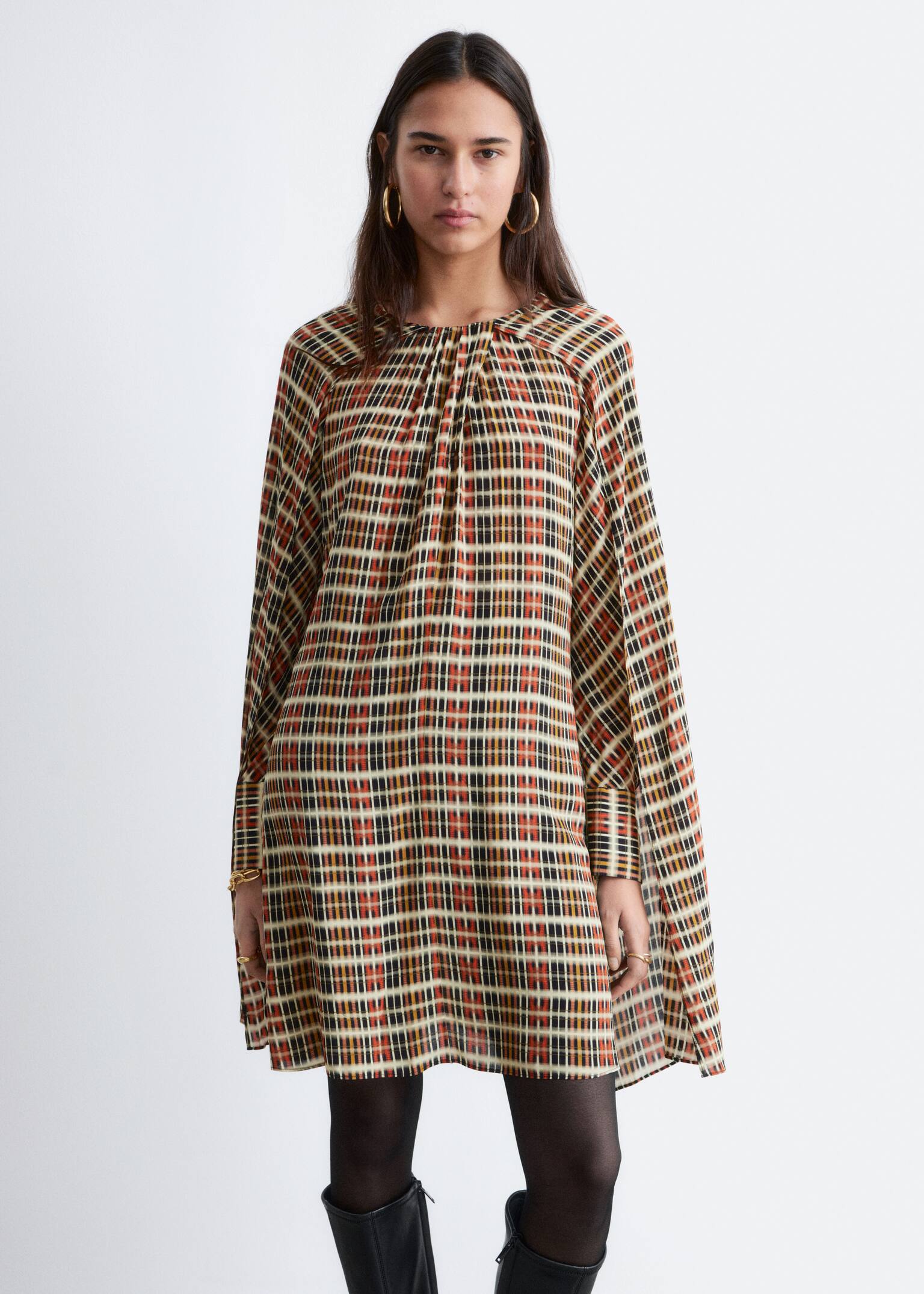 Cape Mini Dress - Orange/Checked - 7