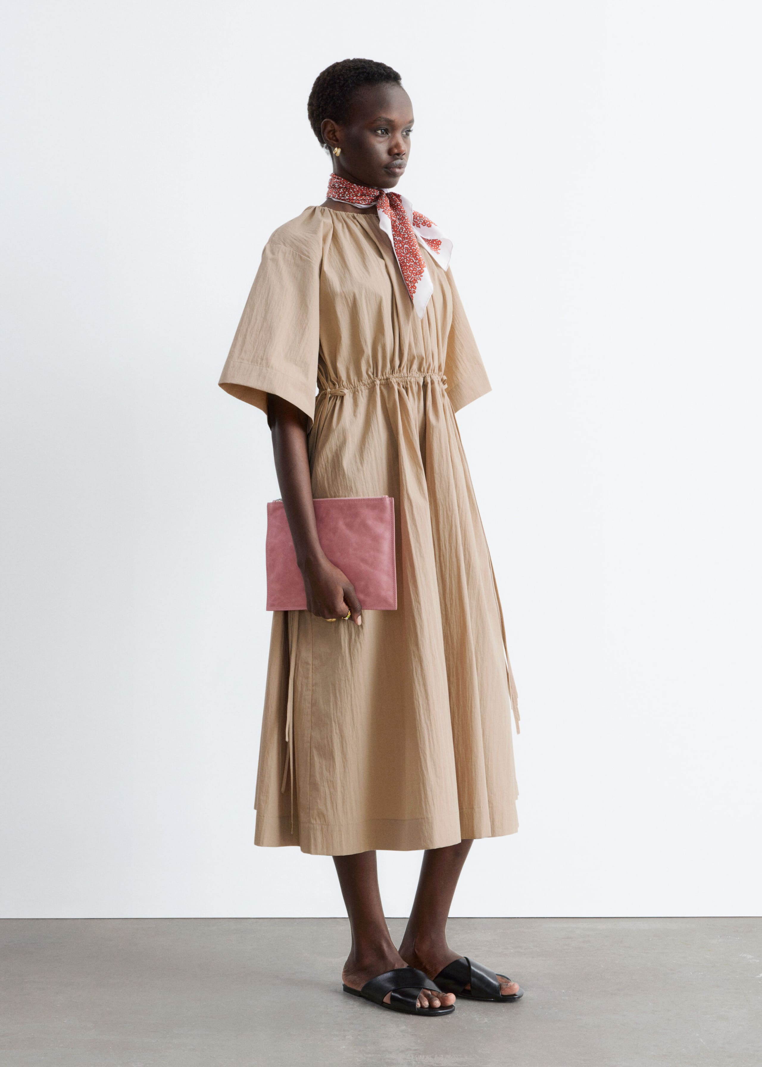 Drawstring Midi Dress - Beige - Lookbook